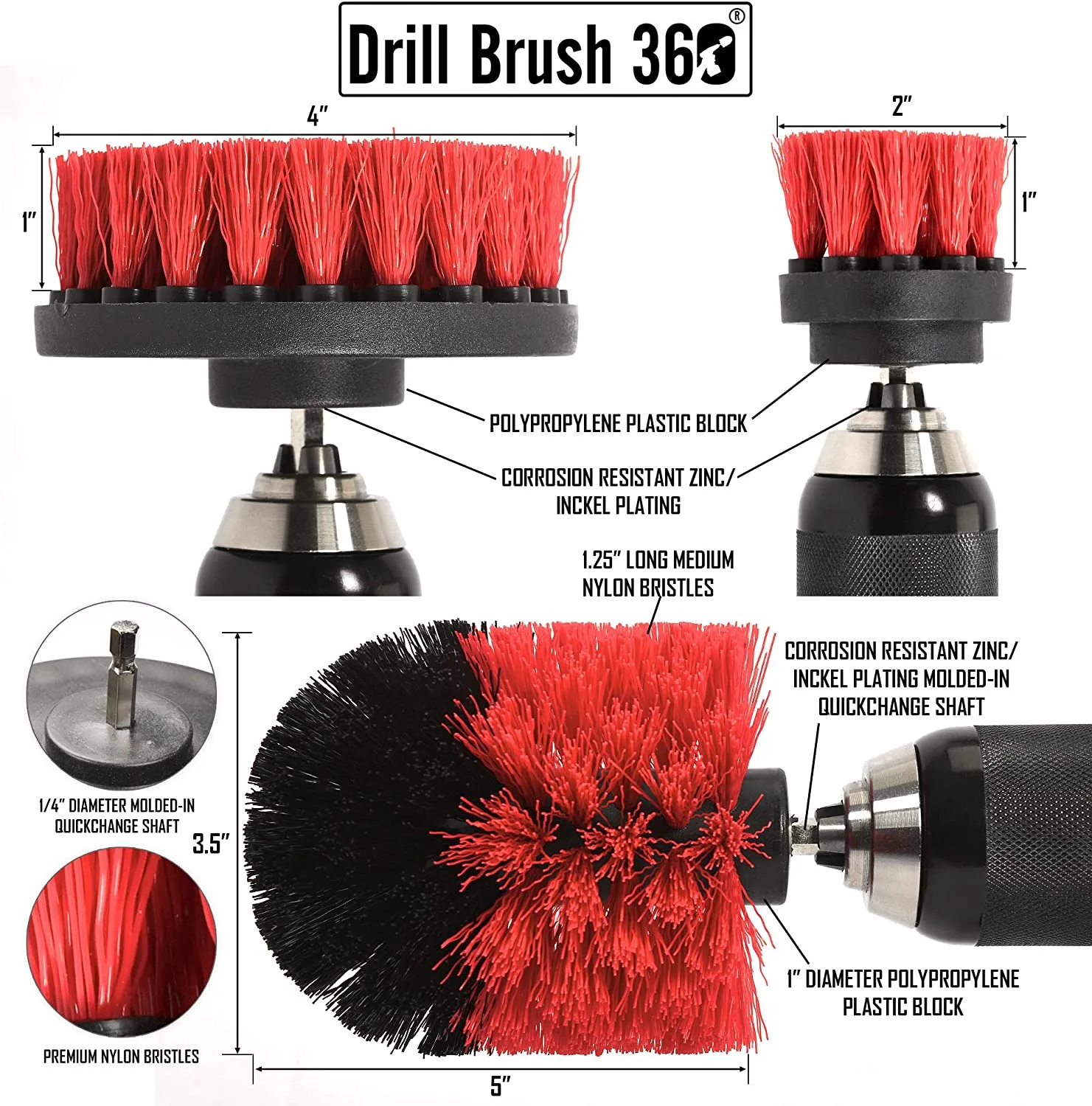 Original Drill Brush 360 Attachments 3 Pack kit Medium- Yellow All Purpose Cleaner Scrubbing Brushes for Bathroom Surface, Grout, Tub, Shower, Kitchen, Auto,Boat,RV