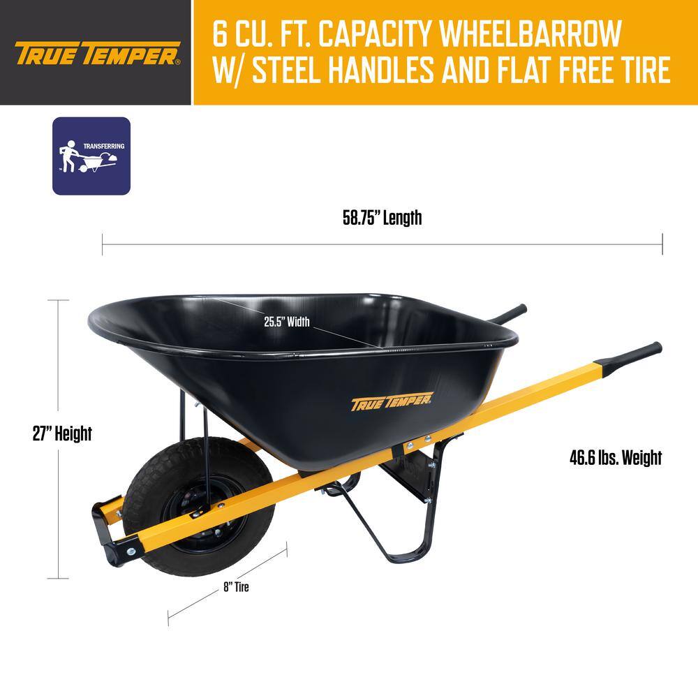 True Temper R6STFFEC 6 cu. ft. Barrow in a Box Steel Wheelbarrow with Never Flat Tire and Steel Handles