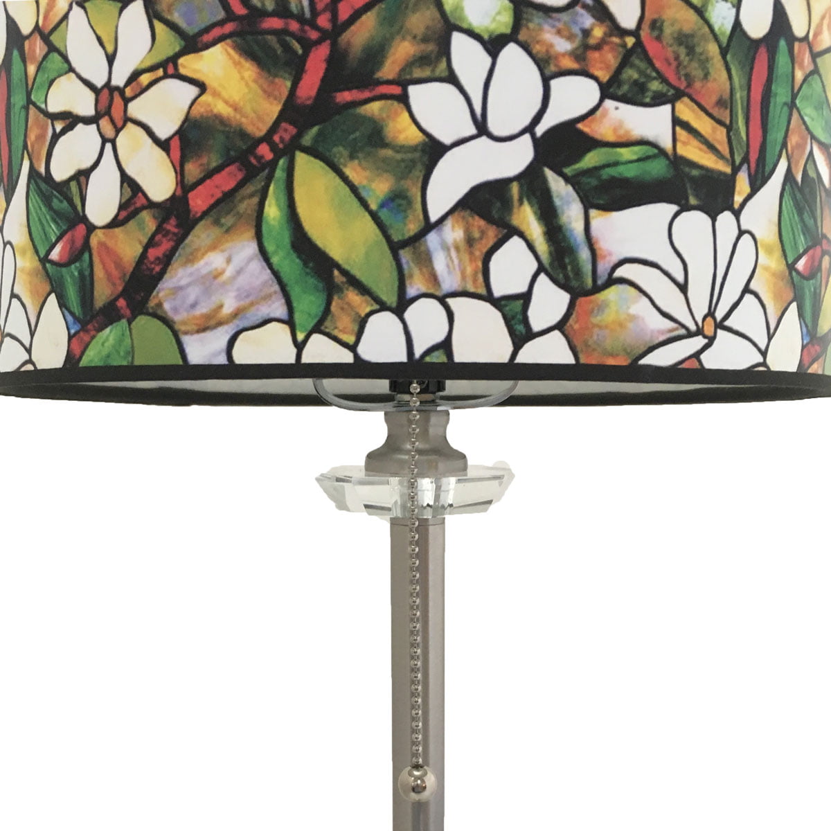 Royal Designs 28" Crystal and Brushed Nickel Buffet Lamp with Magnolia Stained Glass Design Hard Back Lamp Shade