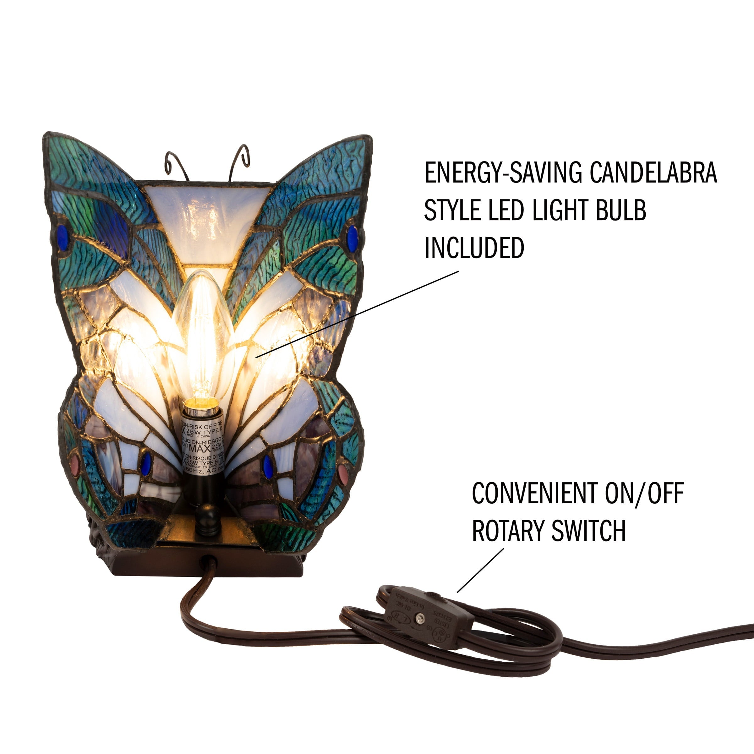  Style Butterfly Lamp-Stained Glass Table or Desk Light LED Bulb Included-Vintage Look Colorful Accent Décor by Lavish Home (Pointed Wings)