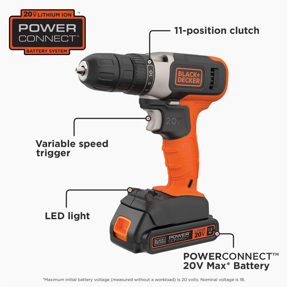 BLACK+DECKER 20V Lithium-Ion Cordless 3/8 in. Drill/Driver with 1.5Ah Battery and Charger BCD702C1