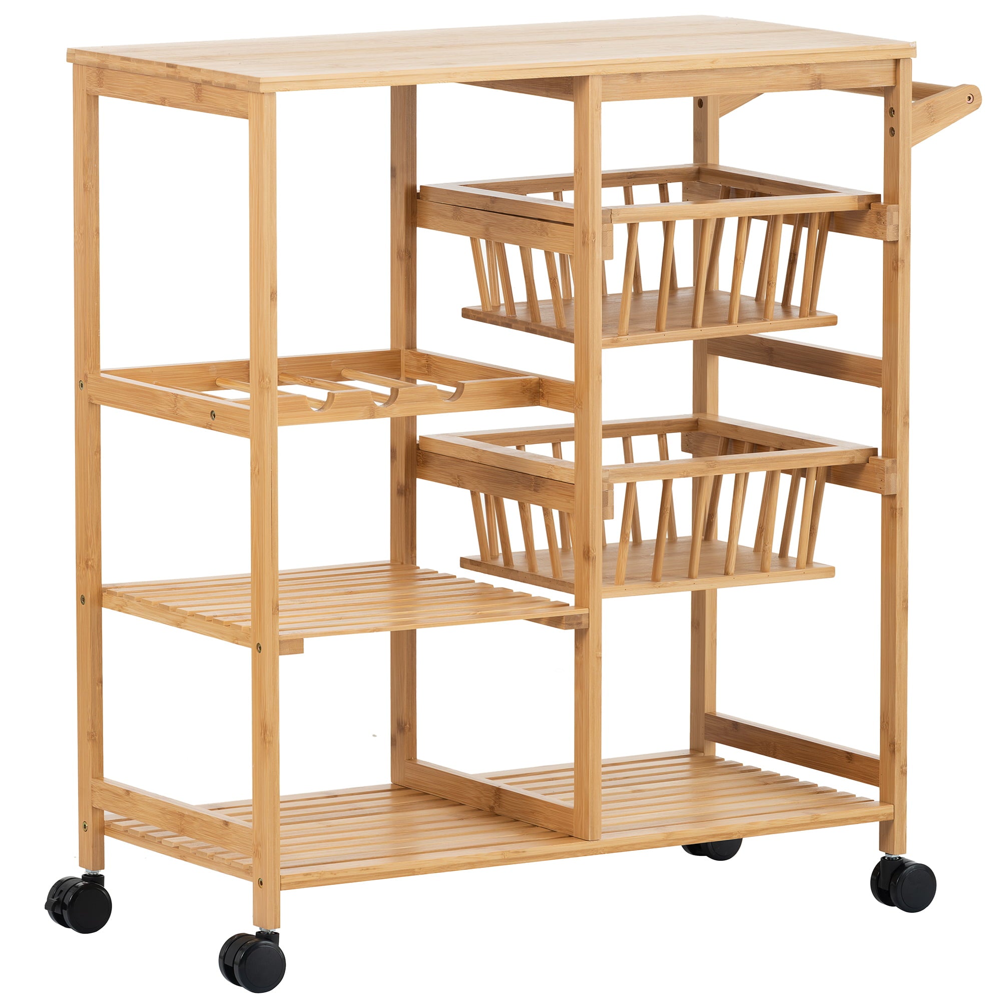 uhomepro Kitchen Rolling Microwave Cart on Wheels， Microwave Oven Stand Storage Cart on Wheels， Mobile Kitchen Cart， Bamboo Food Pantry Carts with Wine Rack， 3 Shelves， 2 Baskets