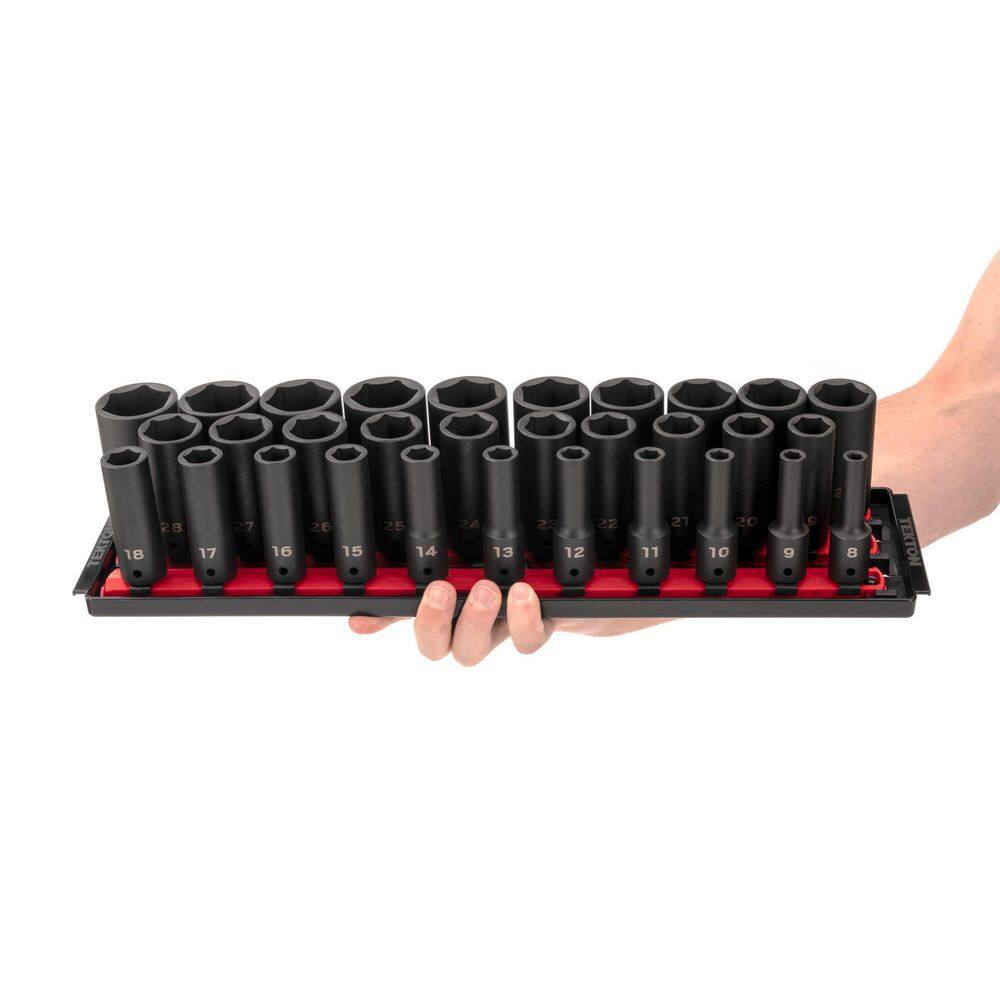 TEKTON SID92105 1/2 in. Drive Deep 6-Point Impact Socket Set (31-Piece) (8-38 mm) with Rails
