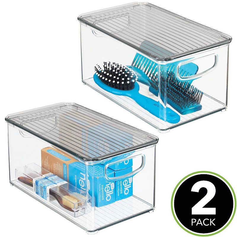 🔥(Last Day Sale 70% OFF) 💥CLEARANCE SALE💥 mDesign Deep Plastic Bathroom Storage Bin Box， Lid/Handles， 2 Pack， Clear/Pink
