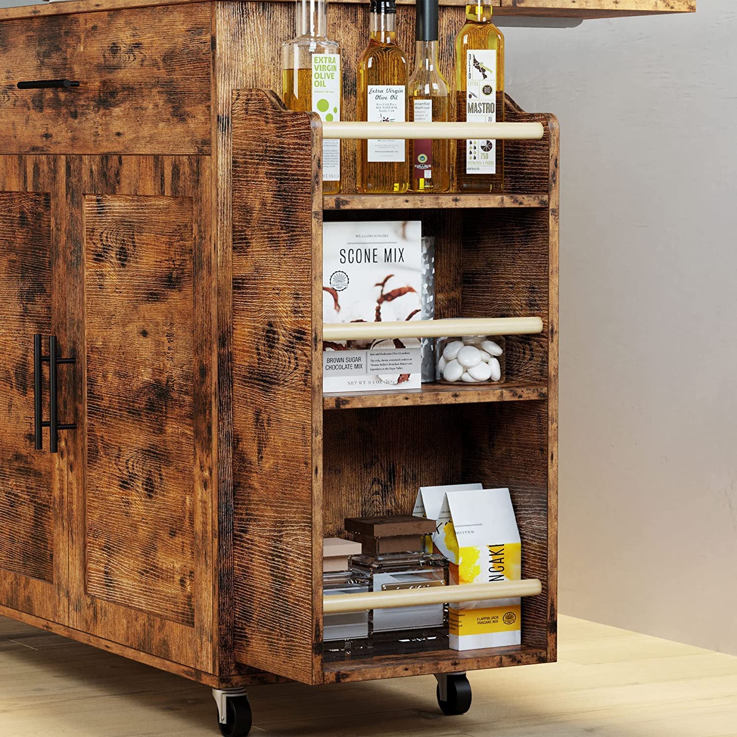 IRONCK Rolling Kitchen Island Cart on Wheels with Storage Cabinet， Drawer， 3 Spice Rack，Vintage Brown