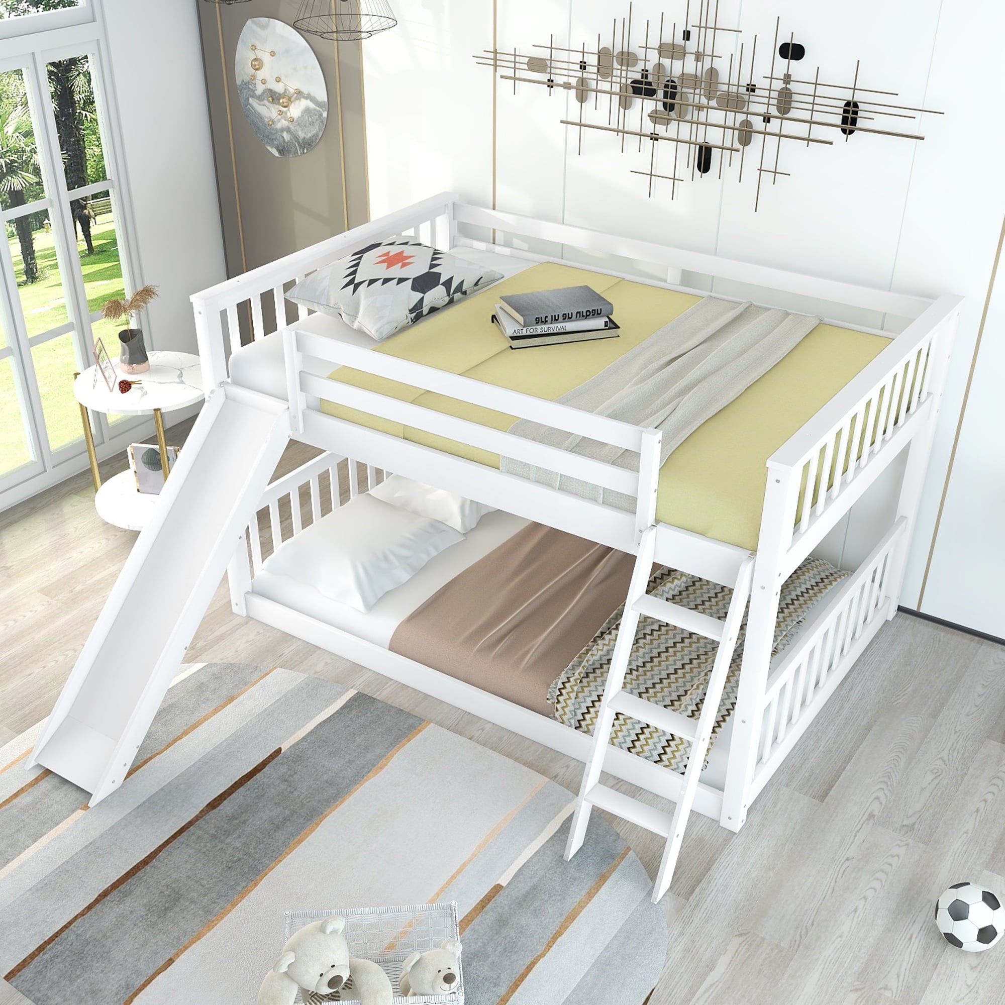 Euroco Full over Full Floor Bunk Bed with Slide and Ladder for Kids Bedroom, White