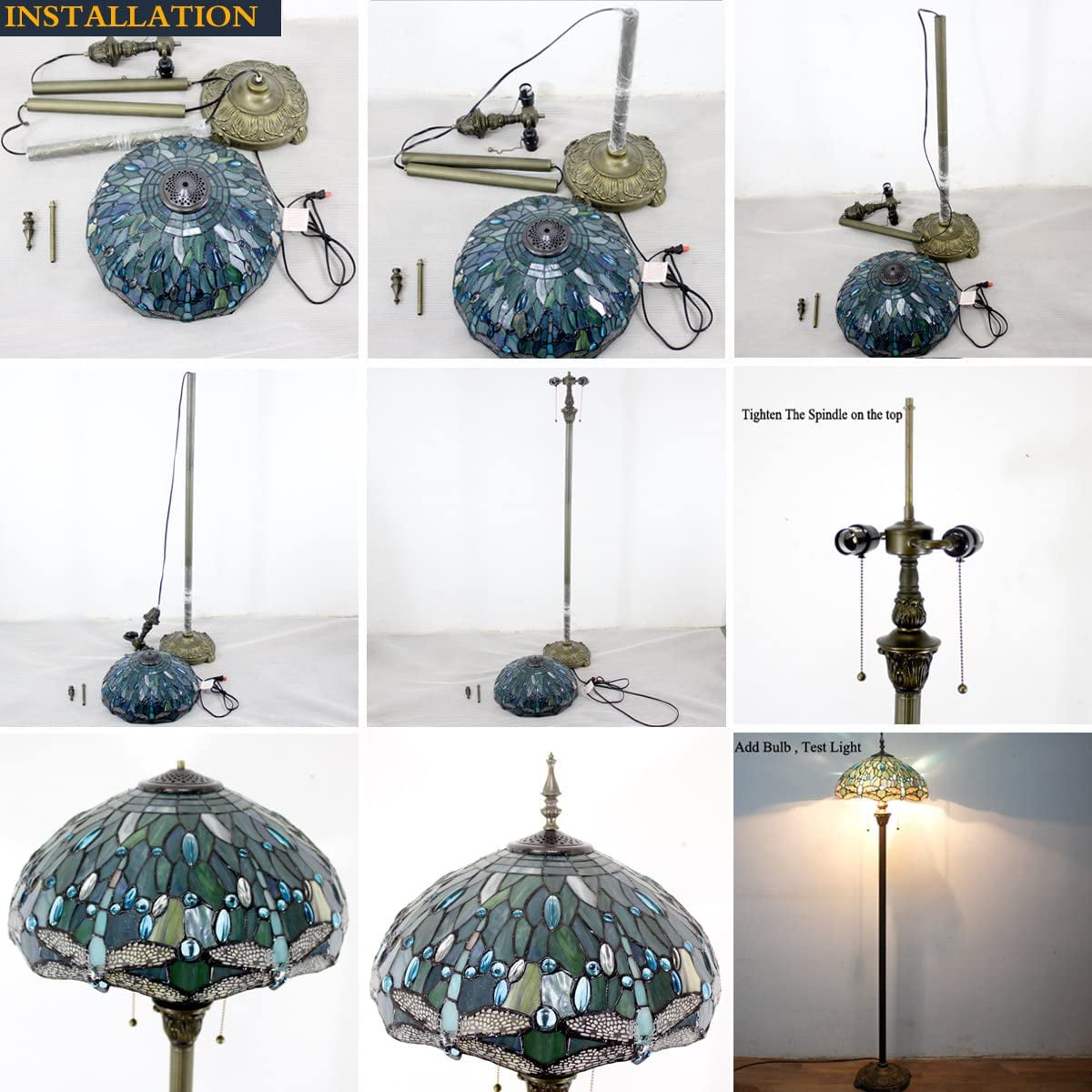 BBNBDMZ  Floor Lamp Sea Blue Stained Glass Dragonfly Standing Reading Light 16X16X64 Inches Antique Pole Corner Lamp Decor Bedroom Living Room  Office S147 Series