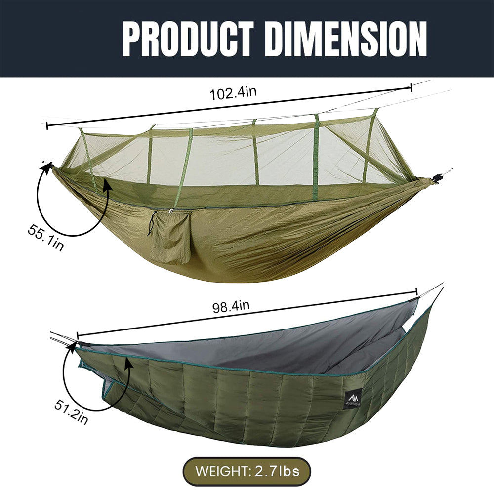 Double Camping Hammock With Mosquito Net+Supersized Underquilt of Hammock,Mesh And Hammock Closed Connection,Warm Blanket Bottom Insulation.Portable For Camping，Hiking Backpacking Travel