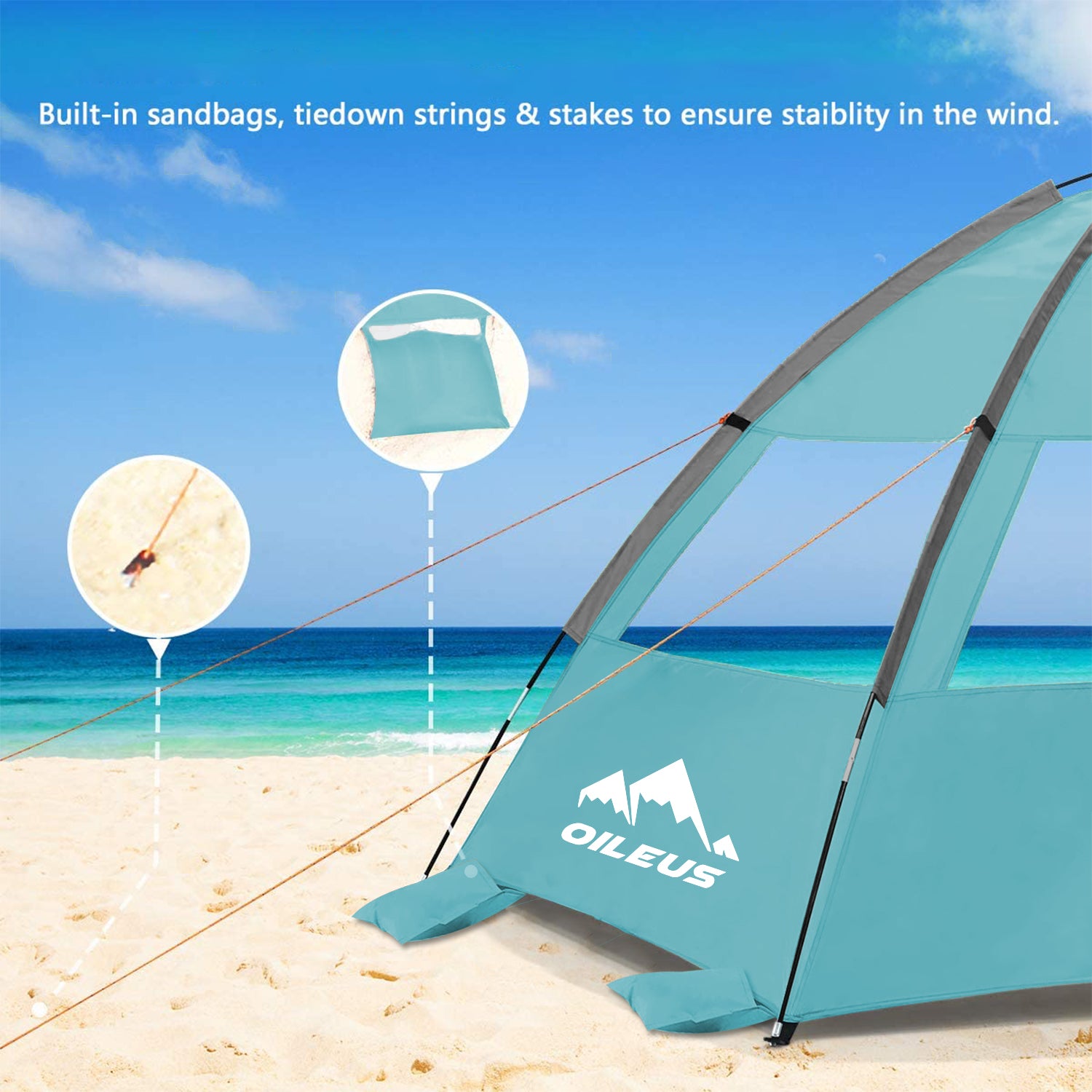 Oileus Beach Tent 2-3 Person Portable Sun Shade Shelter UV Protection， Extended Floor Ventilating Mesh Roll Up Windows Carrying Bag Stakes 6 Sand Pockets Fishing Hiking Camping， Sky Blue