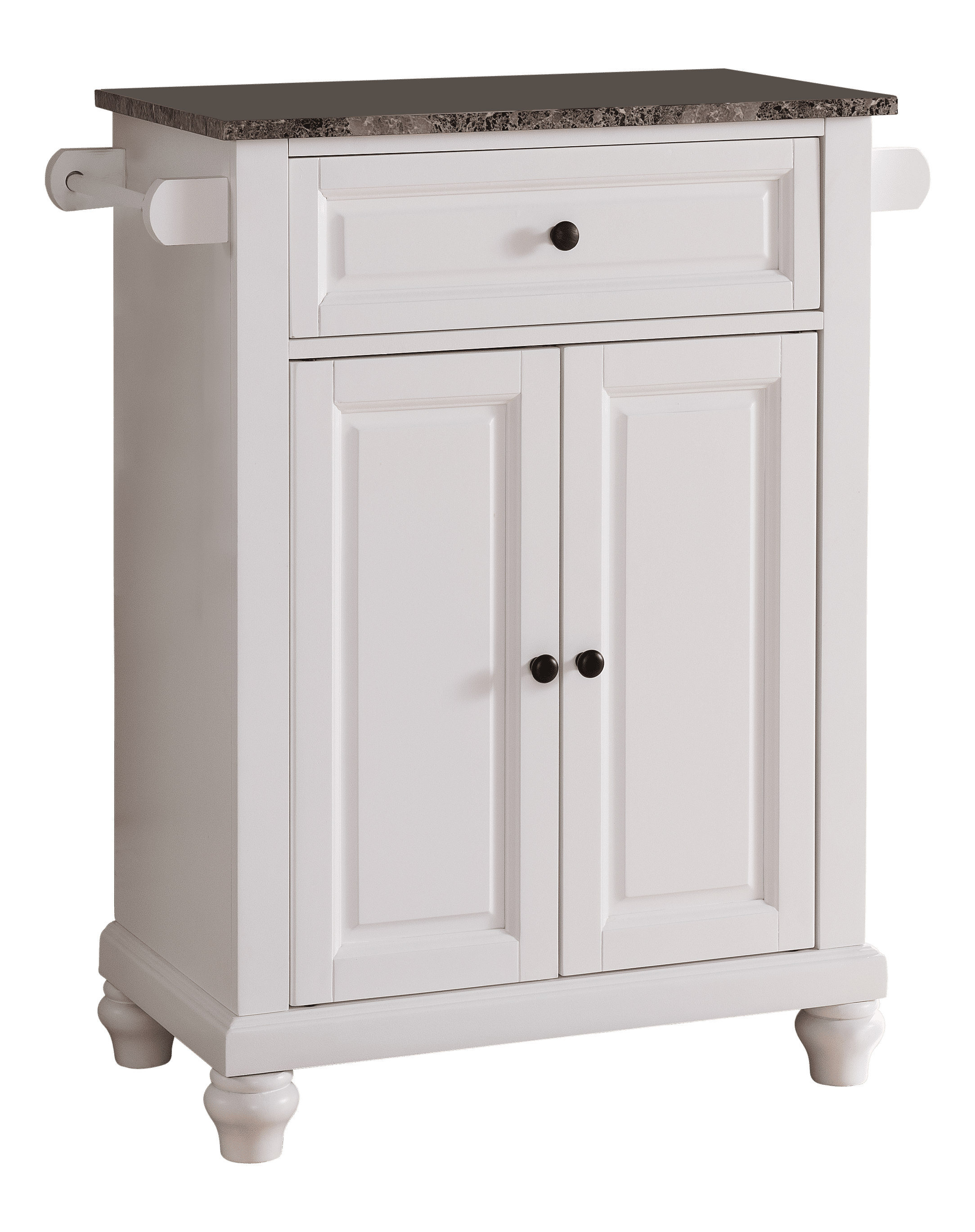 Ian Kitchen Island Storage Cabinet， White and Marble Wood， Adjustable Shelf and Towel Bars， Contemporary
