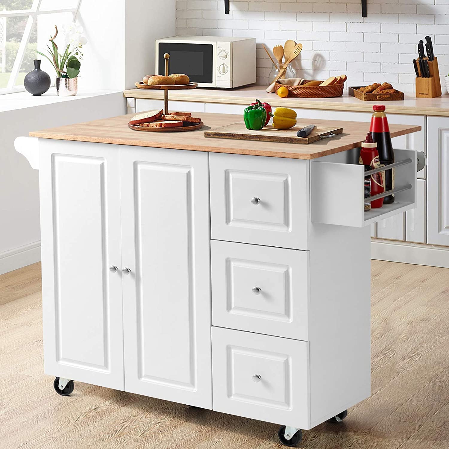 Rolling Kitchen Island Cart with Storage，Wood Tabletop Kitchen Cart w/ 2 Wheels， Trolley Cart Utility Cabinet， Towel Rack， Spice Rack， White