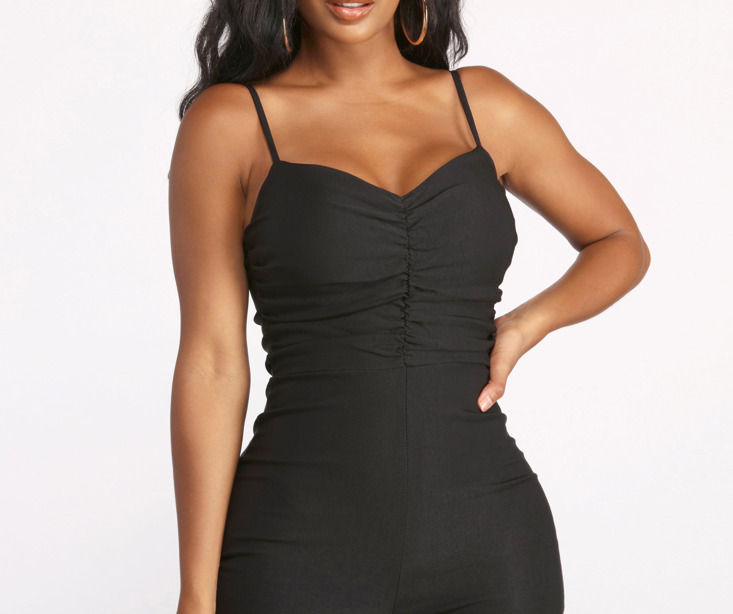Sleeveless Sweetheart Neck Ruched Tapered Catsuit