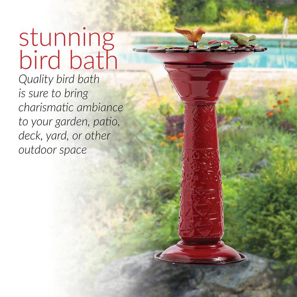 Alpine Corporation 28 in. Tall Outdoor Metal Birdbath with Birds and Leaves Yard Statue Decoration， Red ORS112RD