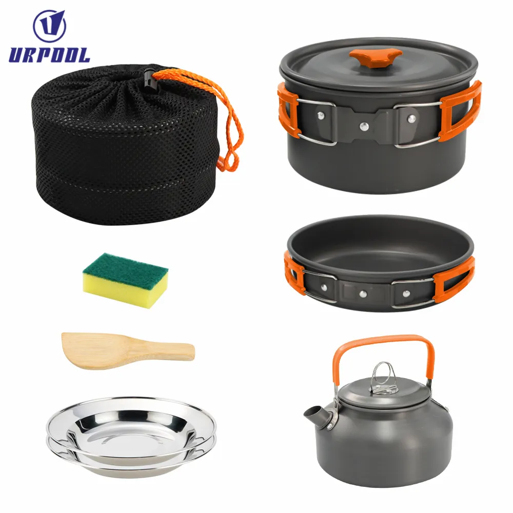 Camping cookware kit Folding Cookset Camp cooking gear Equipment Backpacking cookware set with Mesh Set Bag