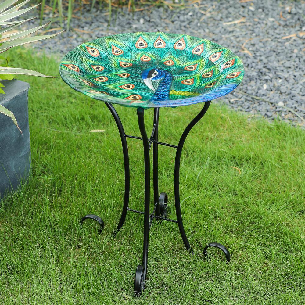 Luxen Home Peacock Glass Bird Bath with Metal Stand WHP1164