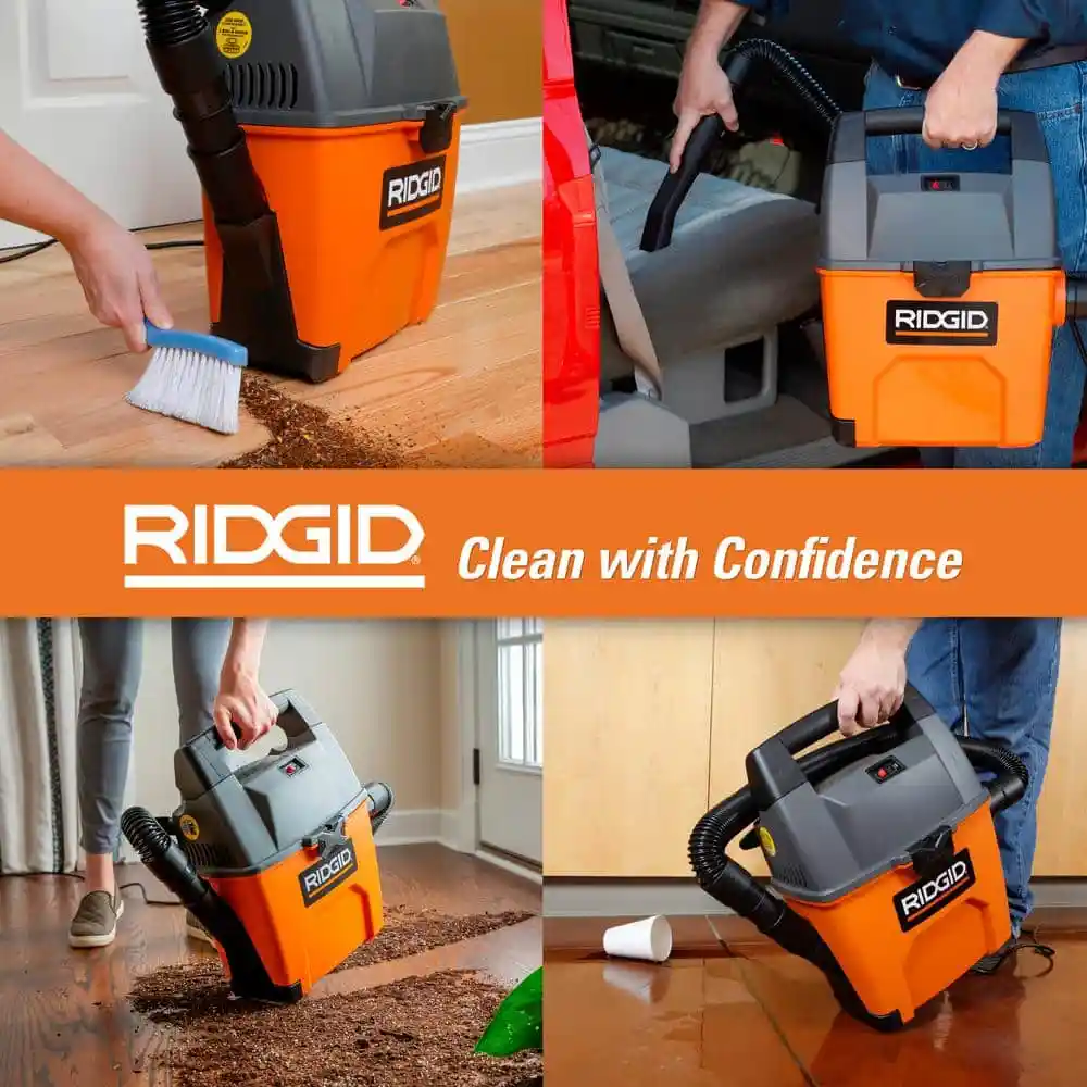 RIDGID 3 Gallon 3.5 Peak HP Portable Wet/Dry Shop Vacuum with Built in Dust Pan, Filter, Expandable Locking Hose and Car Nozzle WD3050