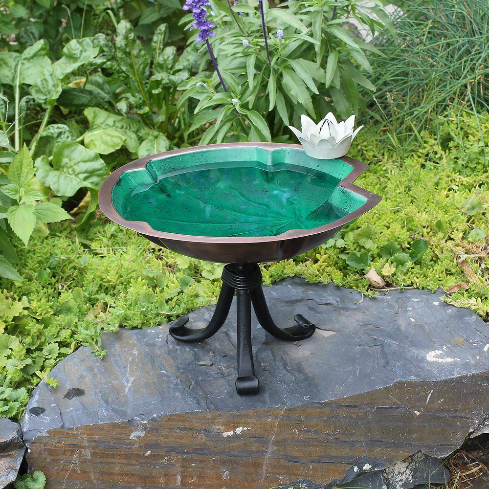 Achla Designs 10.25 in. Tall Antique Copper Plated and Colored Patina Lilypad Birdbath with White Flowers and Tripod Stand BB-10-TR