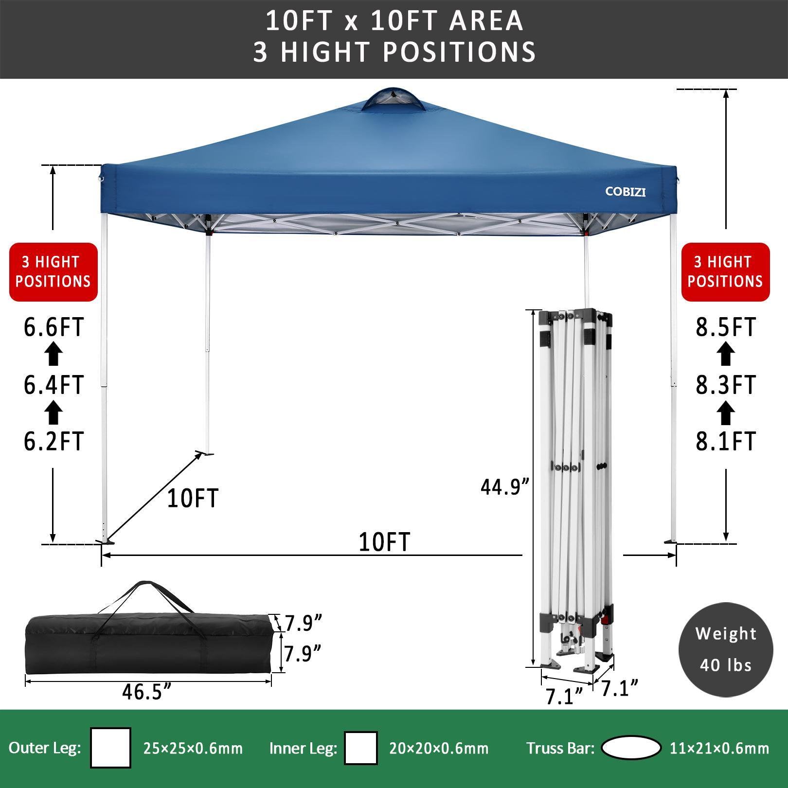 COBIZI Canopy 10' x 10' Pop Up Canopy Tent Heavy Duty Waterproof Adjustable Commercial Instant Canopy Outdoor Party Canopy with 4 Removable Sidewalls, Carry Bag, 4 Sandbags, Blue