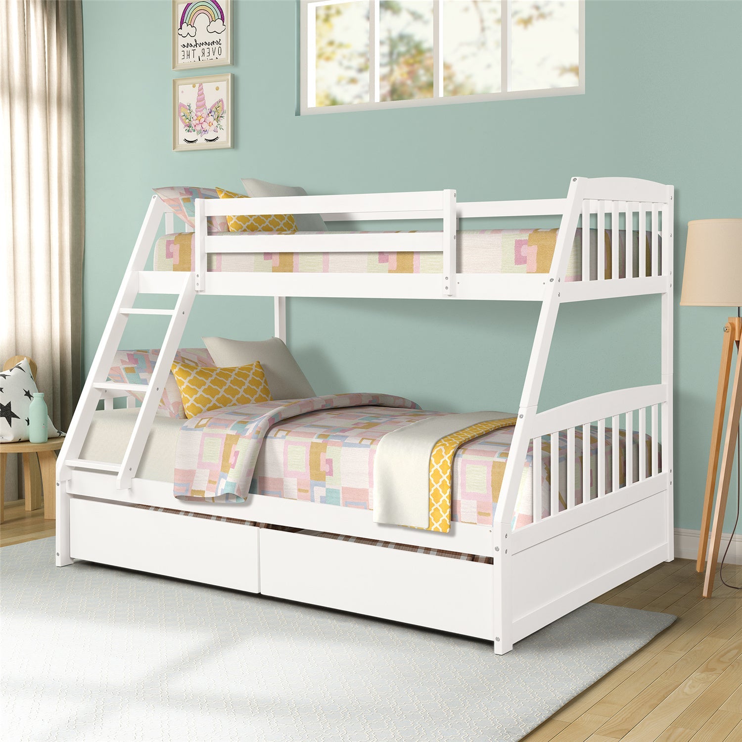 Twin Over Full Bunk Bed with Two Storage Drawers, Pinewood Bed Frame and Ladder with Guard Rails for Toddlers, Kids, Teens, Boys and Girls, White