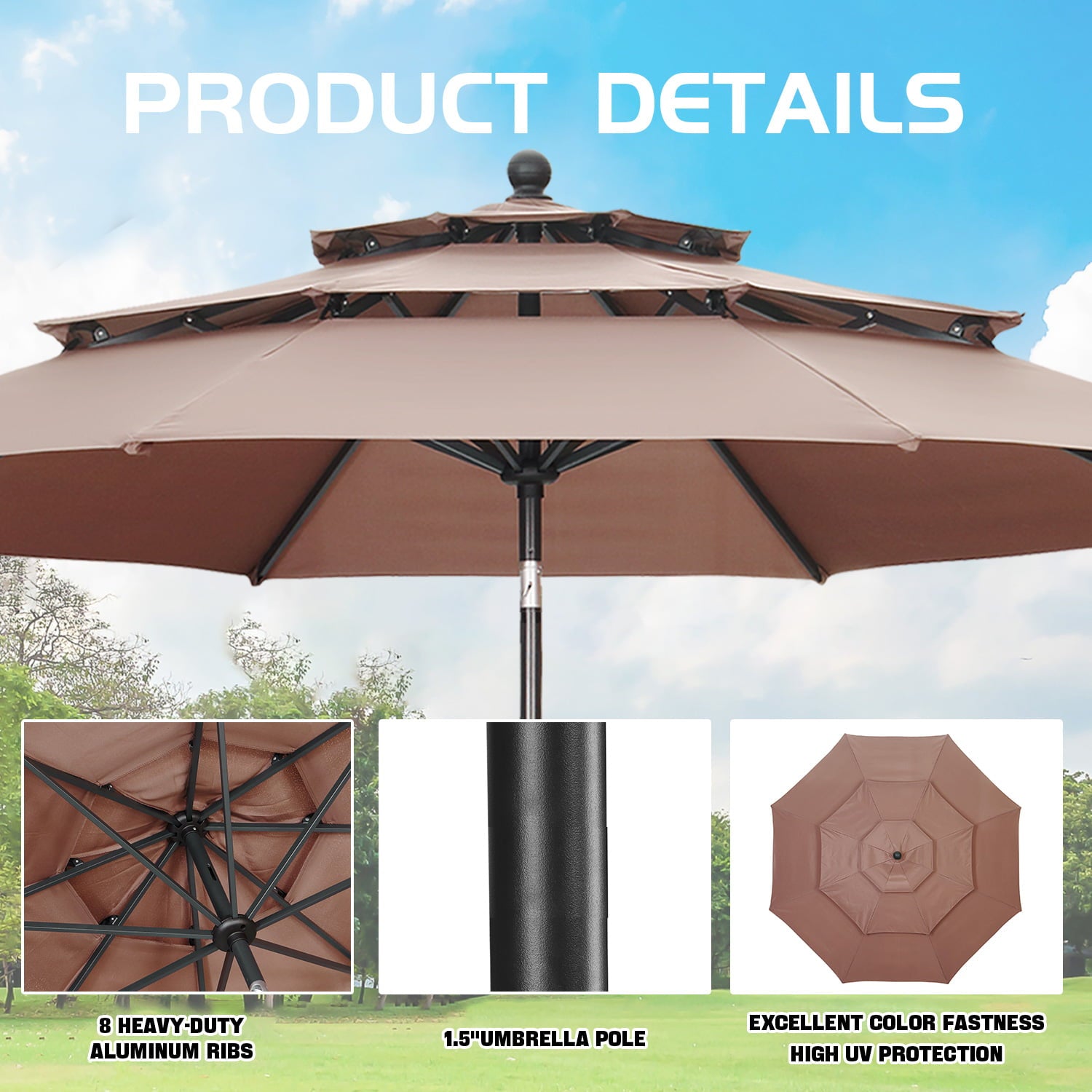 Autlaycil Patio Umbrella 10FT Outdoor Umbrella W/ 3 Tiers,Adjustable Outdoor Market Umbrella W/ Crank and Tilt,Table Umbrella for Garden, Lawn, Backyard and Pool, Coffee