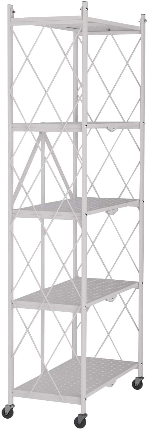 SogesPower Foldable Metal Standing Shelf 5 Tiers Storage Rack with Wheels， Easy Moving Cart， White