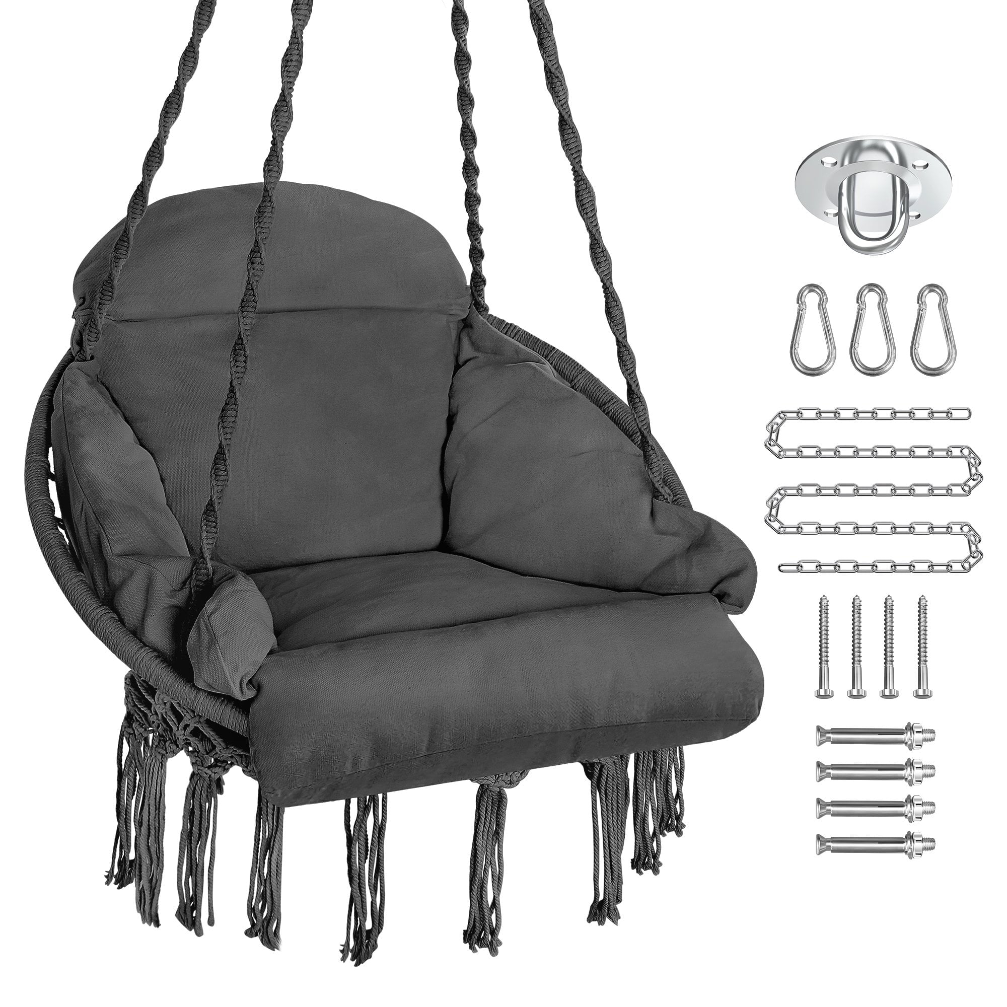Hammock Chair, Macrame Hanging Swing Chair with Large Padded Cushion and Hardware Kits, Max 330 Lbs, Hanging Cotton Rope Chair for Indoor, Outdoor, Bedroom, Patio, Porch, Garden -Grey