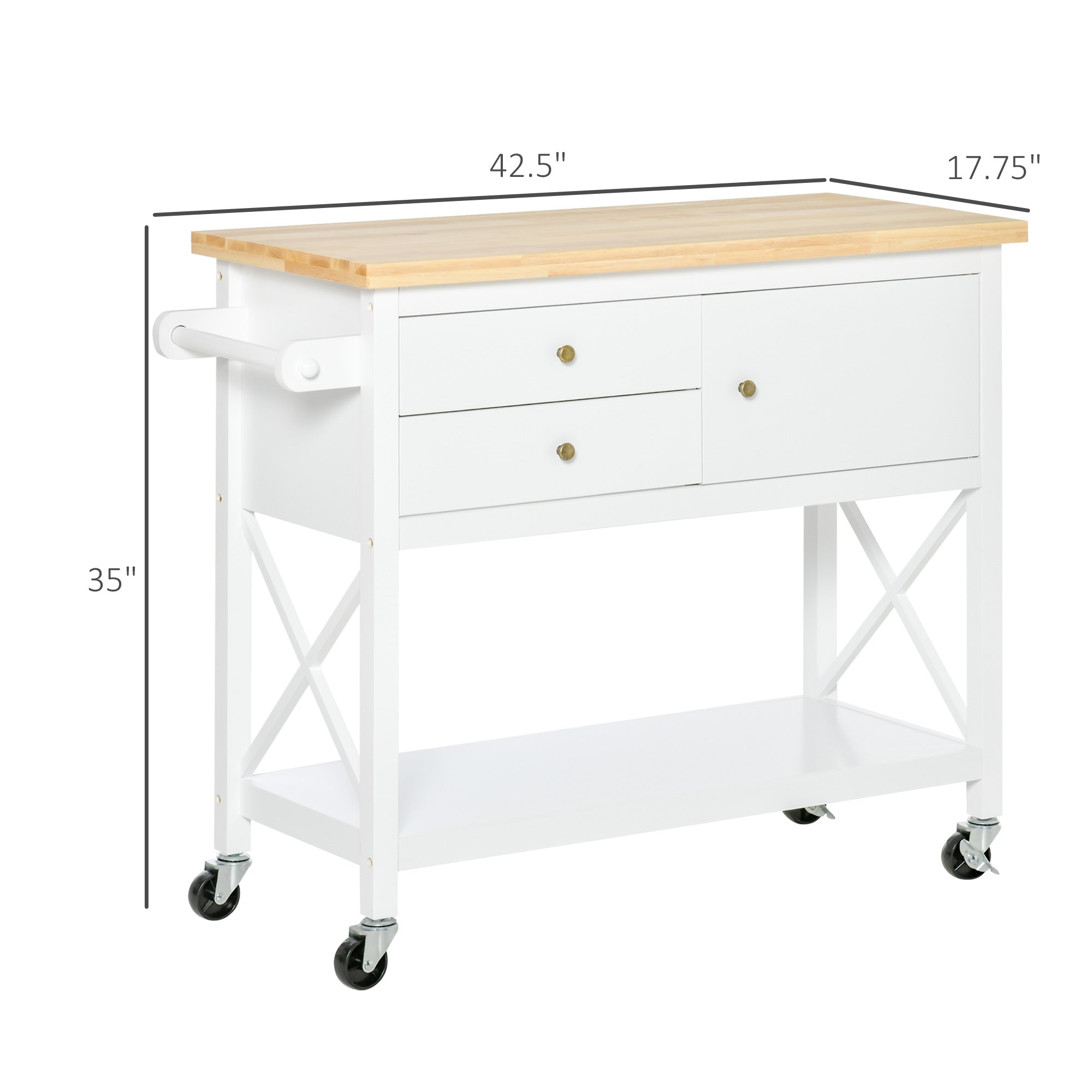 HomCom Utility Kitchen Cart Rolling Kitchen Island Storage Trolley with Rubberwood Top， 2 Drawers， Towel Rack， White