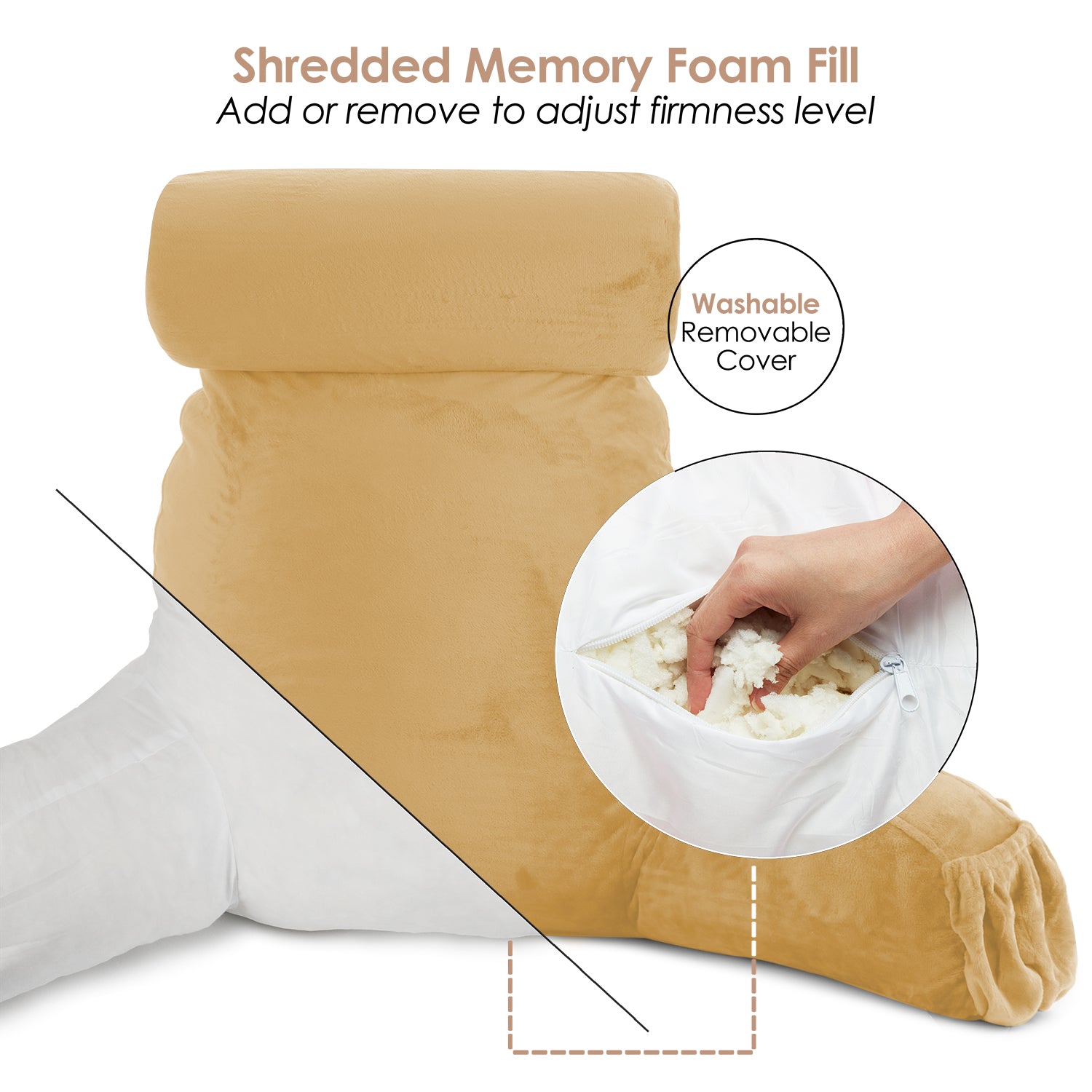 Nestl Reading Pillow, Extra Large Bed Rest Pillow with Arms – Premium Shredded Memory Foam TV Pillow, Detachable Neck Roll & Lumbar Support Pillow - Camel Gold