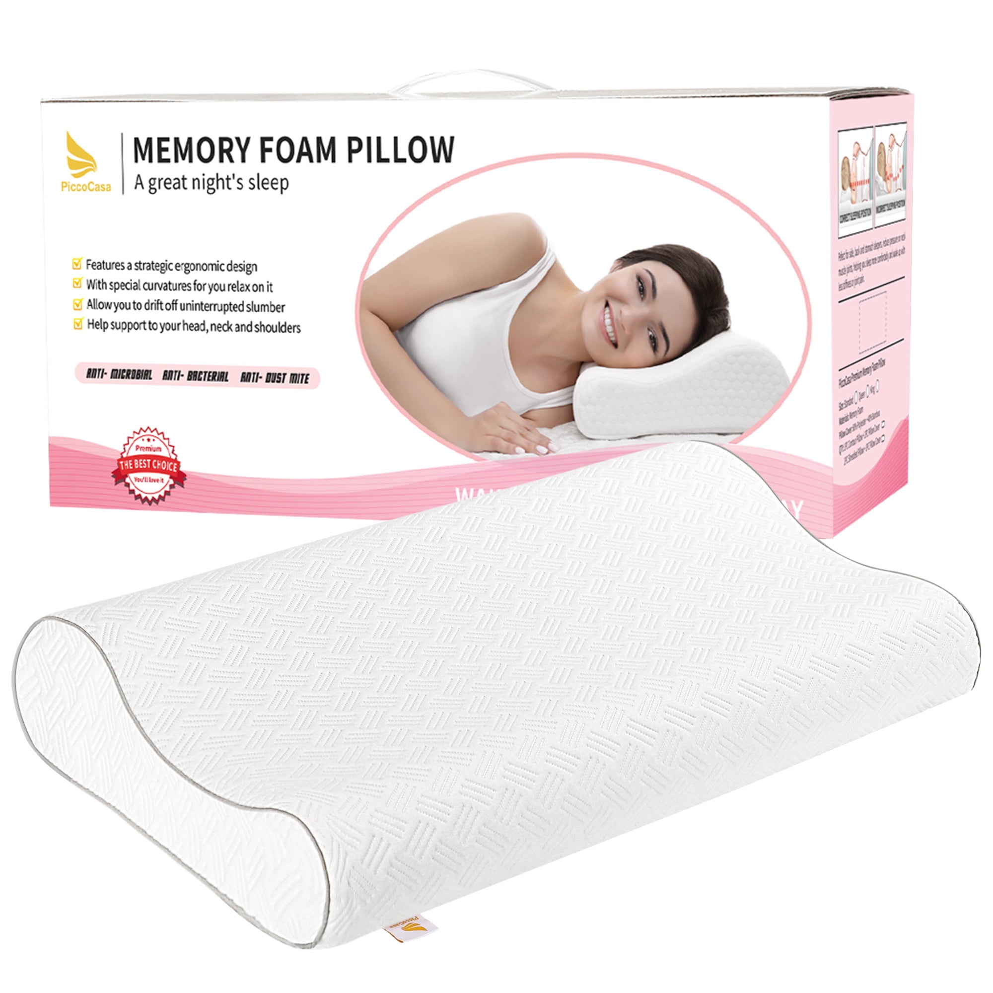 PiccoCasa Contour Pillow Memory Foam Pillow for Neck Pain,  Queen (29 x 16 x 4.7/3.5inch)