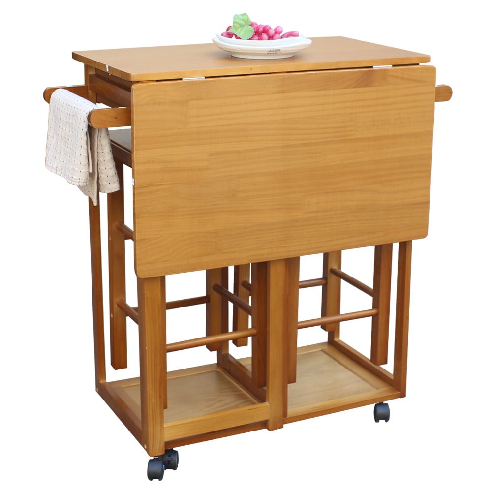 Zimtown Wood Kitchen Rolling Carts Kitchen Island Storage With 2 Stools Fold Dining Table 2 Drawers