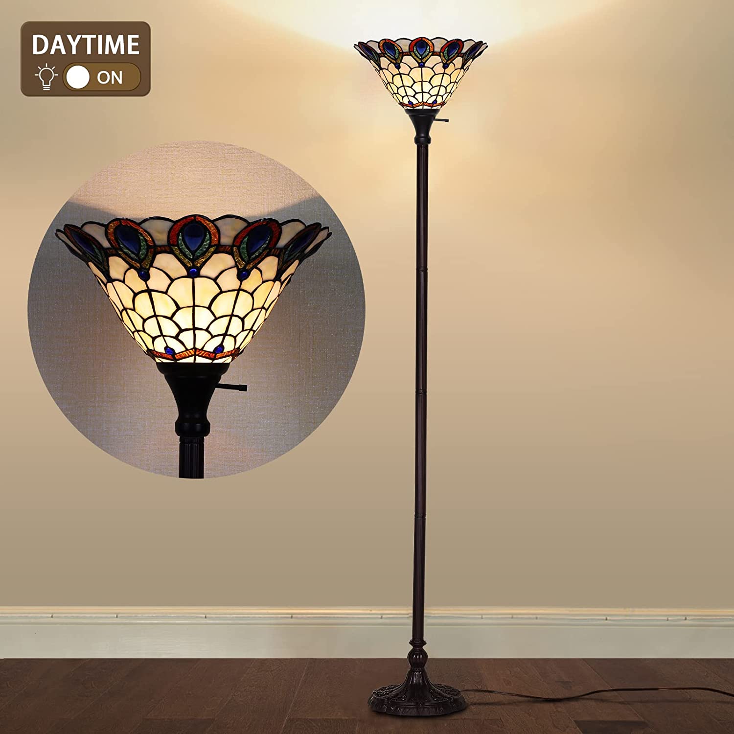 SHADY  Lamp Floor Lamp Stained Glass Peafowl Bedside Lamp Reading Desk Light for Bedroom Living Room 71\u201DTall 1 PCS LED Bulb(2700K E26) Included Unique Gifts