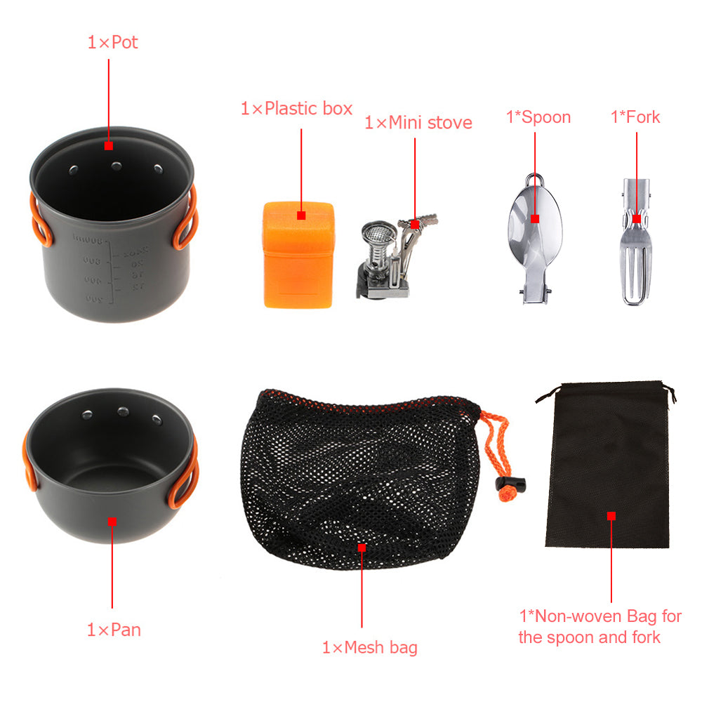Maboto Outdoor Camping Hiking Cookware with Mini Camping Piezoelectric Ignition Backpacking Cooking Picnic Pot Set Cook Set With Fork and Spoon