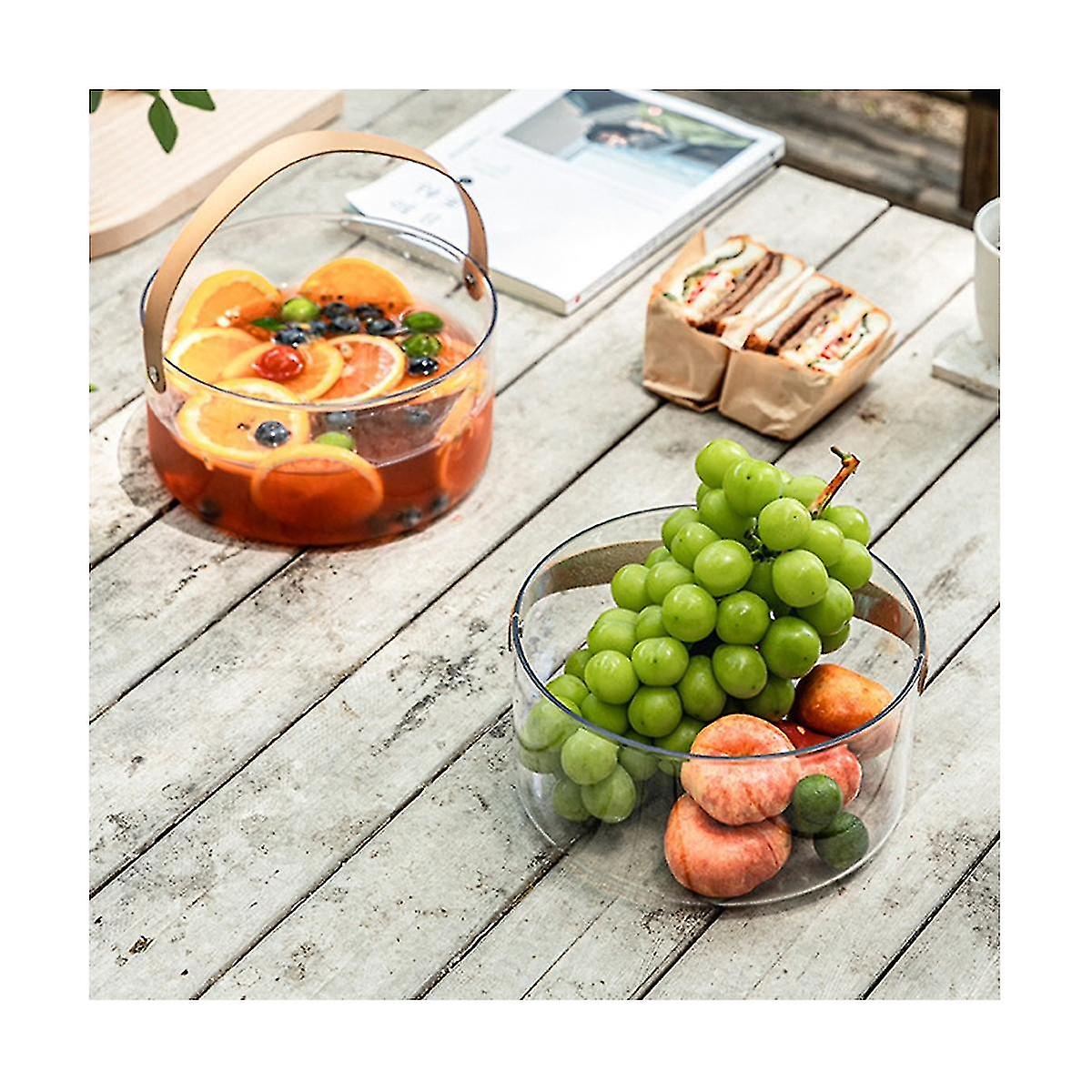 Nordic Portable Plastic Fruit Bowl Transparent Ice Wine Snacks Fruit Storage Basket Plain Leather H