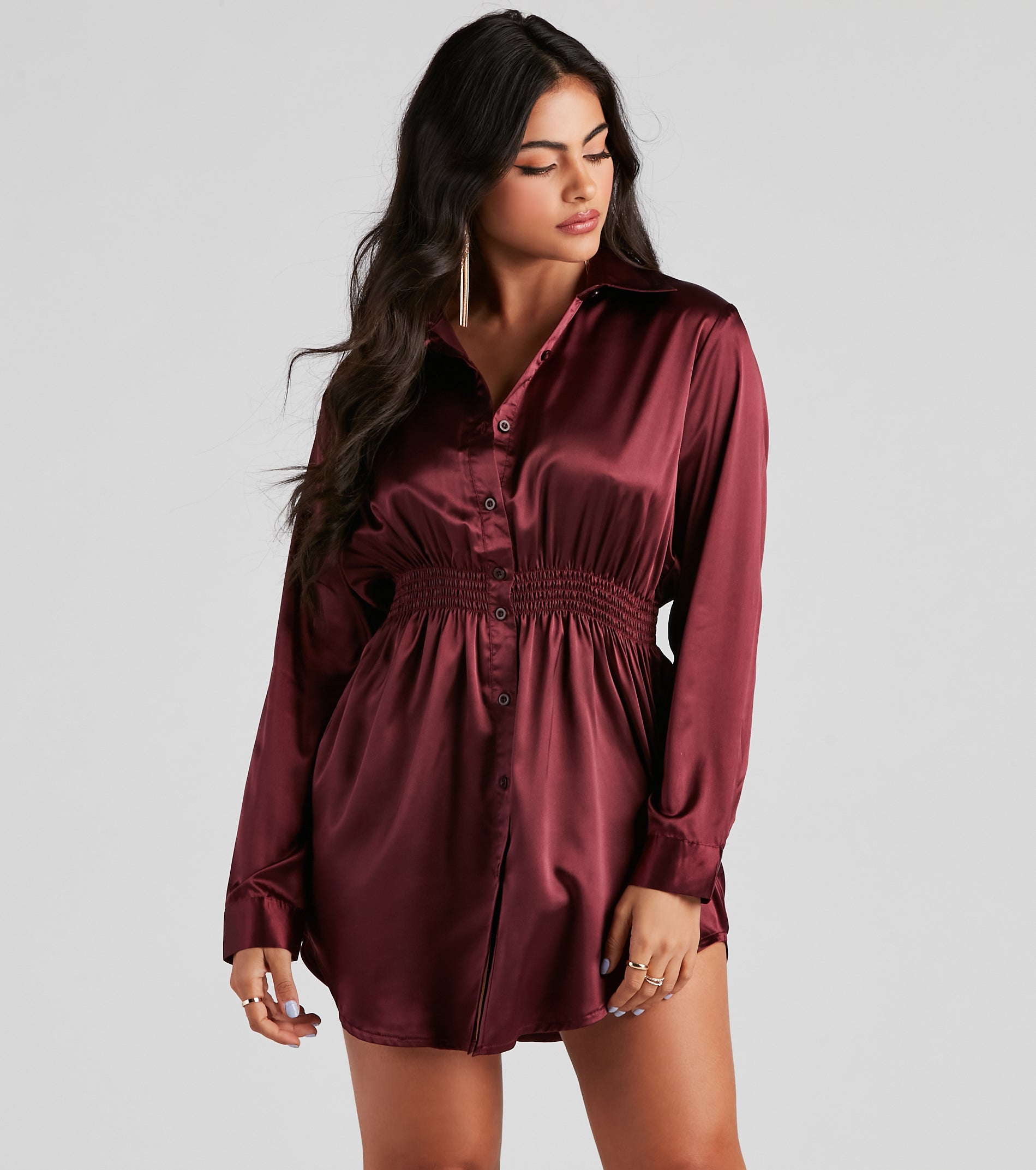 Fall Nights Satin Button-Up Short Dress