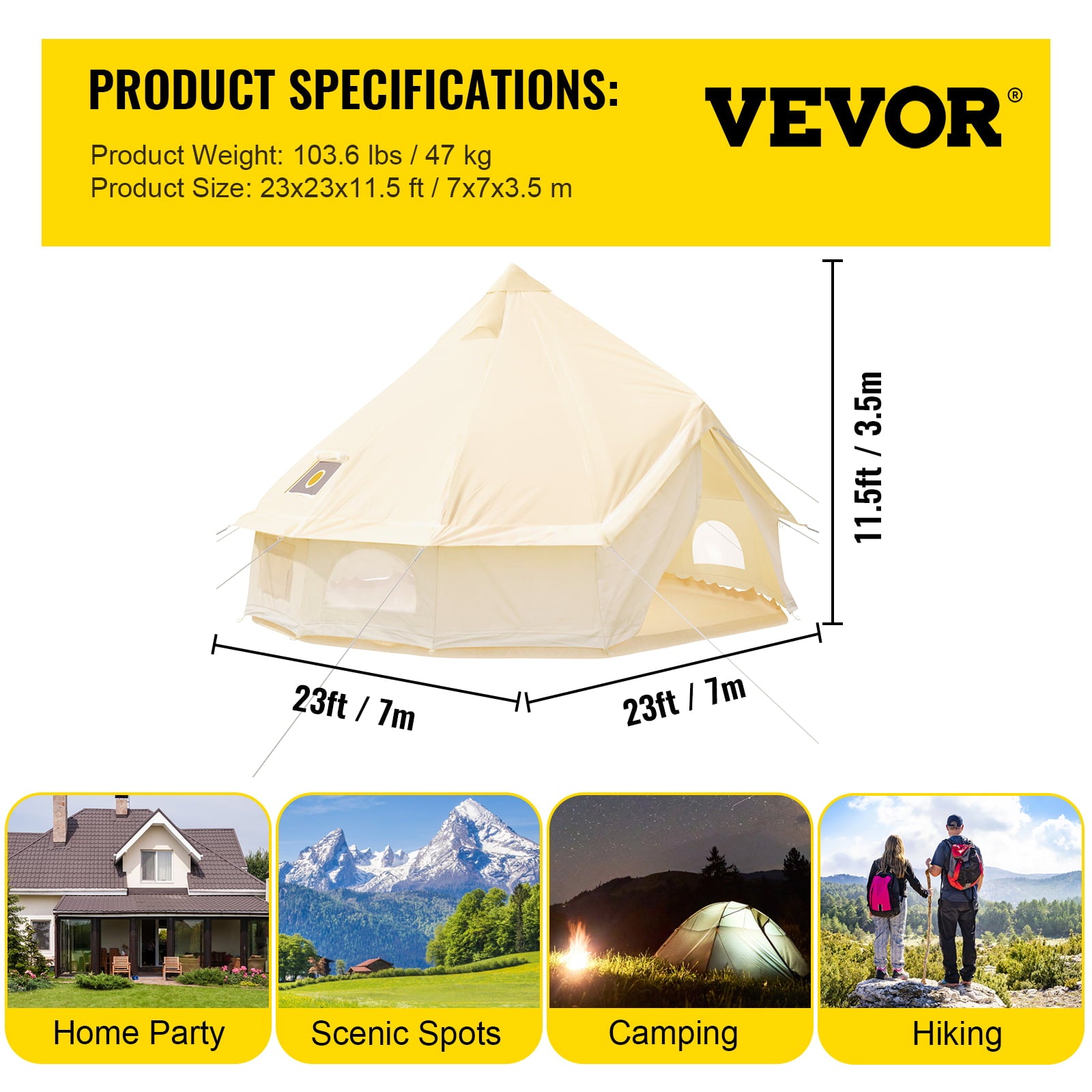 VEVORbrand Canvas Bell Tent 23ft Cotton Canvas Tent with Wall Stove Jacket Glamping Tent Waterproof Bell Tent for Family Camping Outdoor Hunting in 4 Seasons