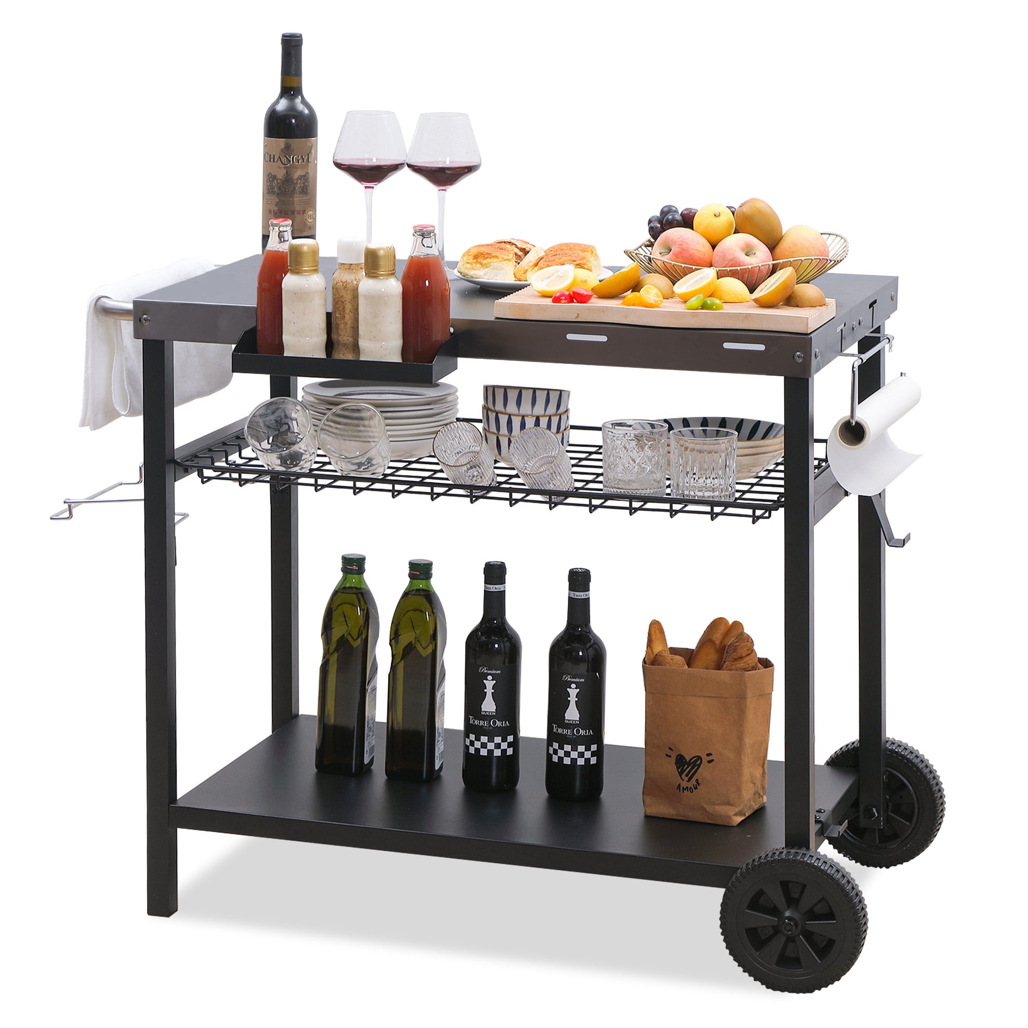 PIZZELLO Outdoor Bar Cart with Storage， Wheels， Handle， Hook， Trash Bag Holder， Paper Towel Holder， Movable Spice Rack - Silver Stainless Steel Tabletop