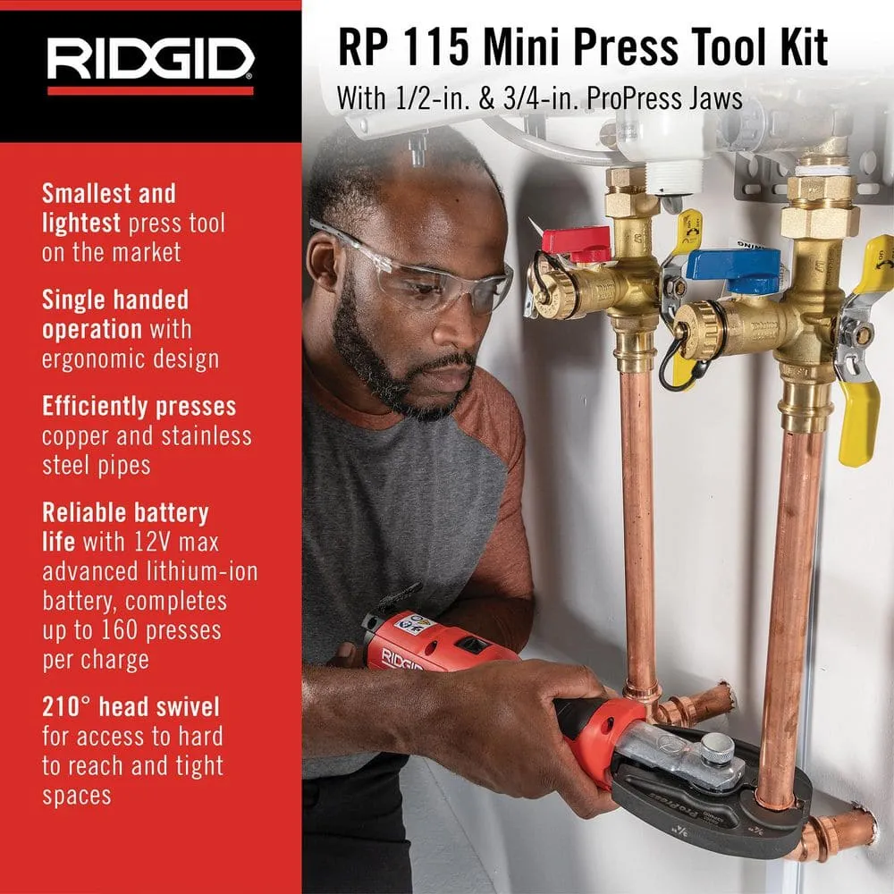 RIDGID RP 115 Mini Press Tool Kit for 1/2 in. - 3/4 in. Copper & Stainless Fittings with 12V Li-Ion Battery (Includes 6 Items) 72553