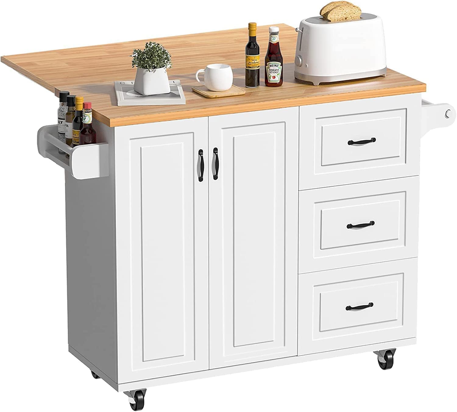 Catrimown Kitchen Island  Cart with Storage， Drop Leaf Kitchen Island on Wheels， Wood Countertop， Lockable Casters， White