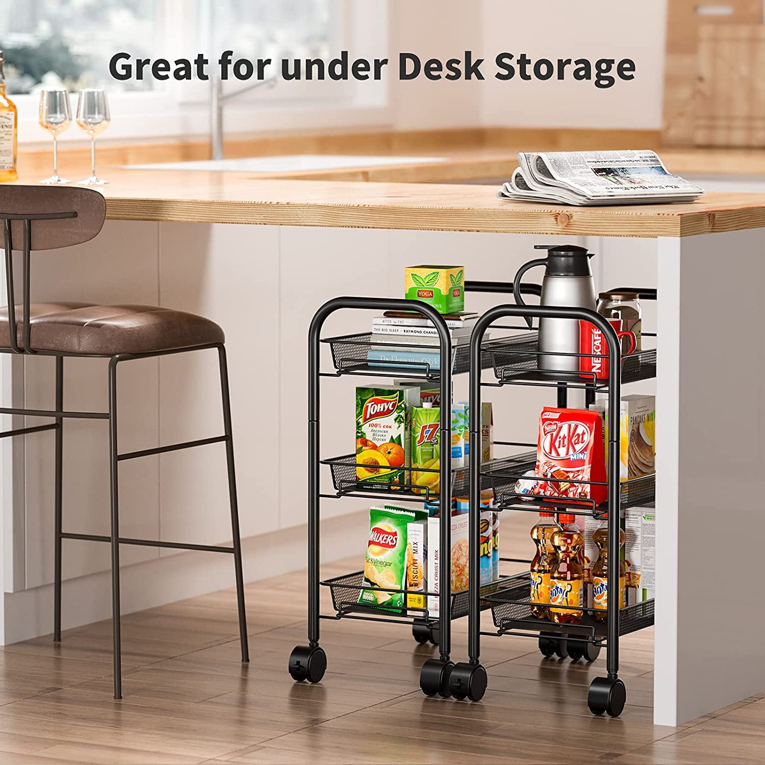 AMERIERGO 3-Tier Rolling Utility Cart Multifunction Metal Storage Cart with 3 Wire Baskets and Lockable Wheels for Home， Office， Kitchen， Bathroom， Bedroom