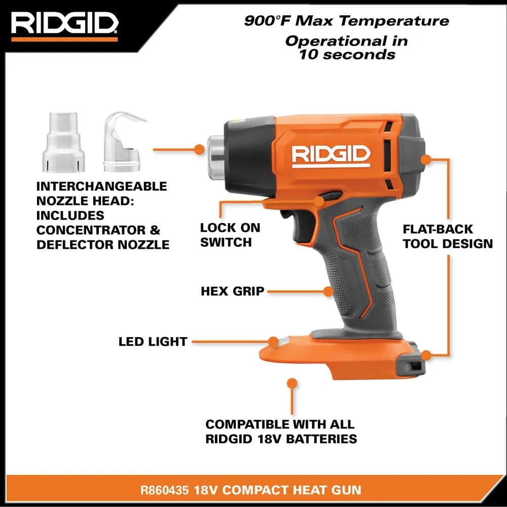 RIDGID 18V Cordless Compact Heat Gun with (2) 4.0 Ah Batteries, Charger, and Bag R860435B-AC93044SBN