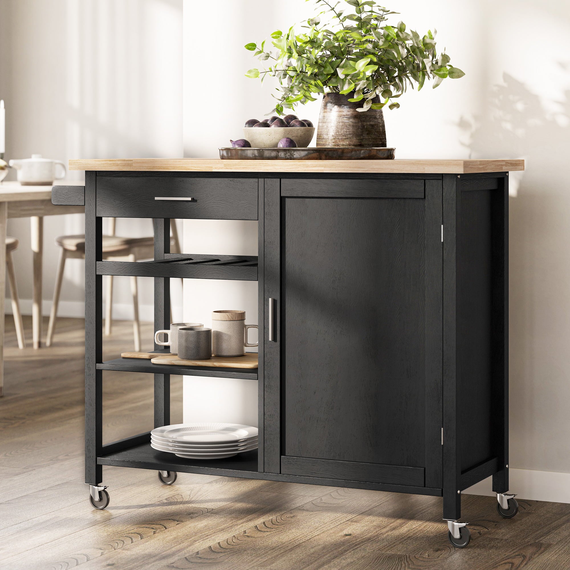 BELLEZE Rolling Kitchen Island Utility Cart with a Drawer - Sonoma (Black)