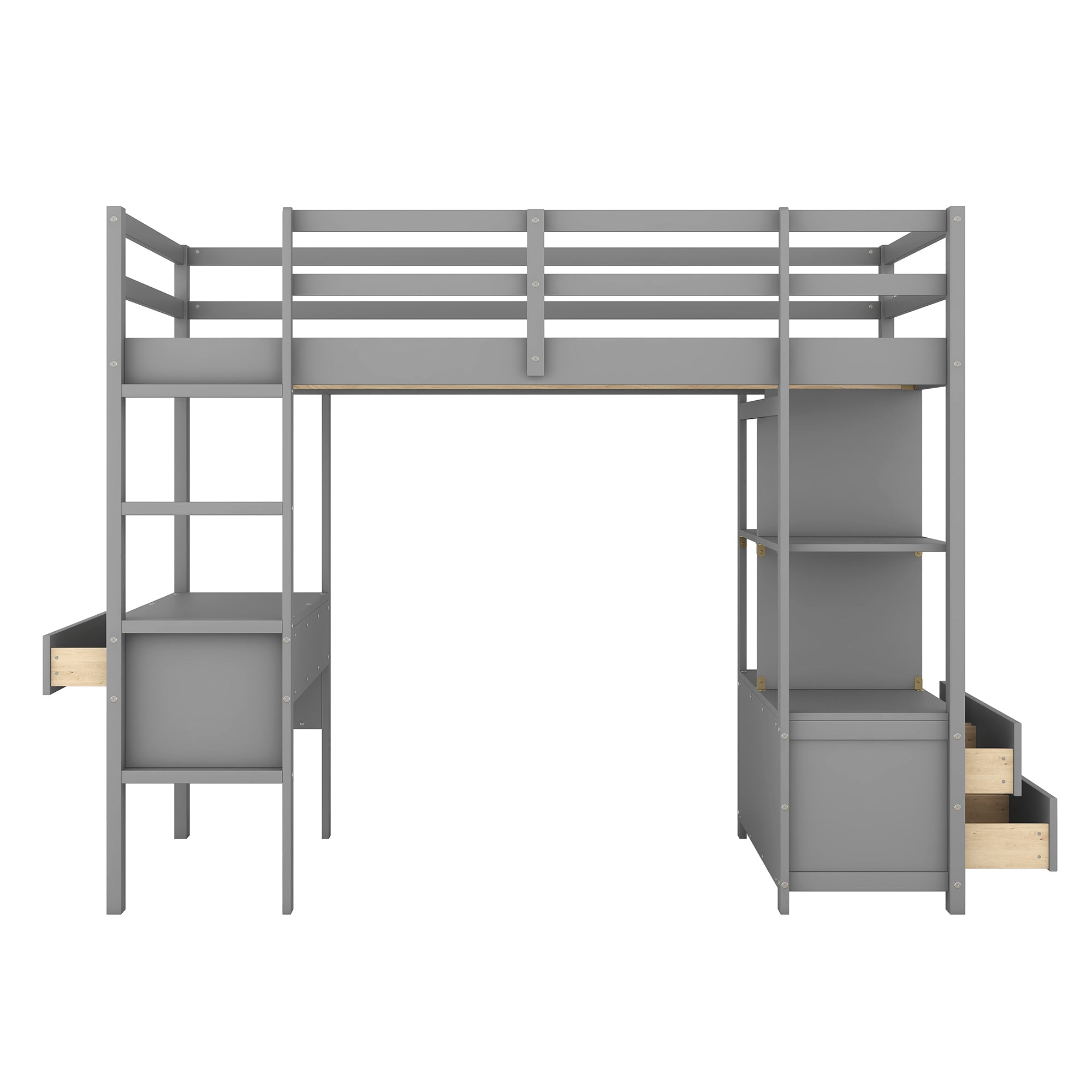 Twin Size Wood Loft Bed with Desk, Drawers and Shelf for Kids Room, Gray