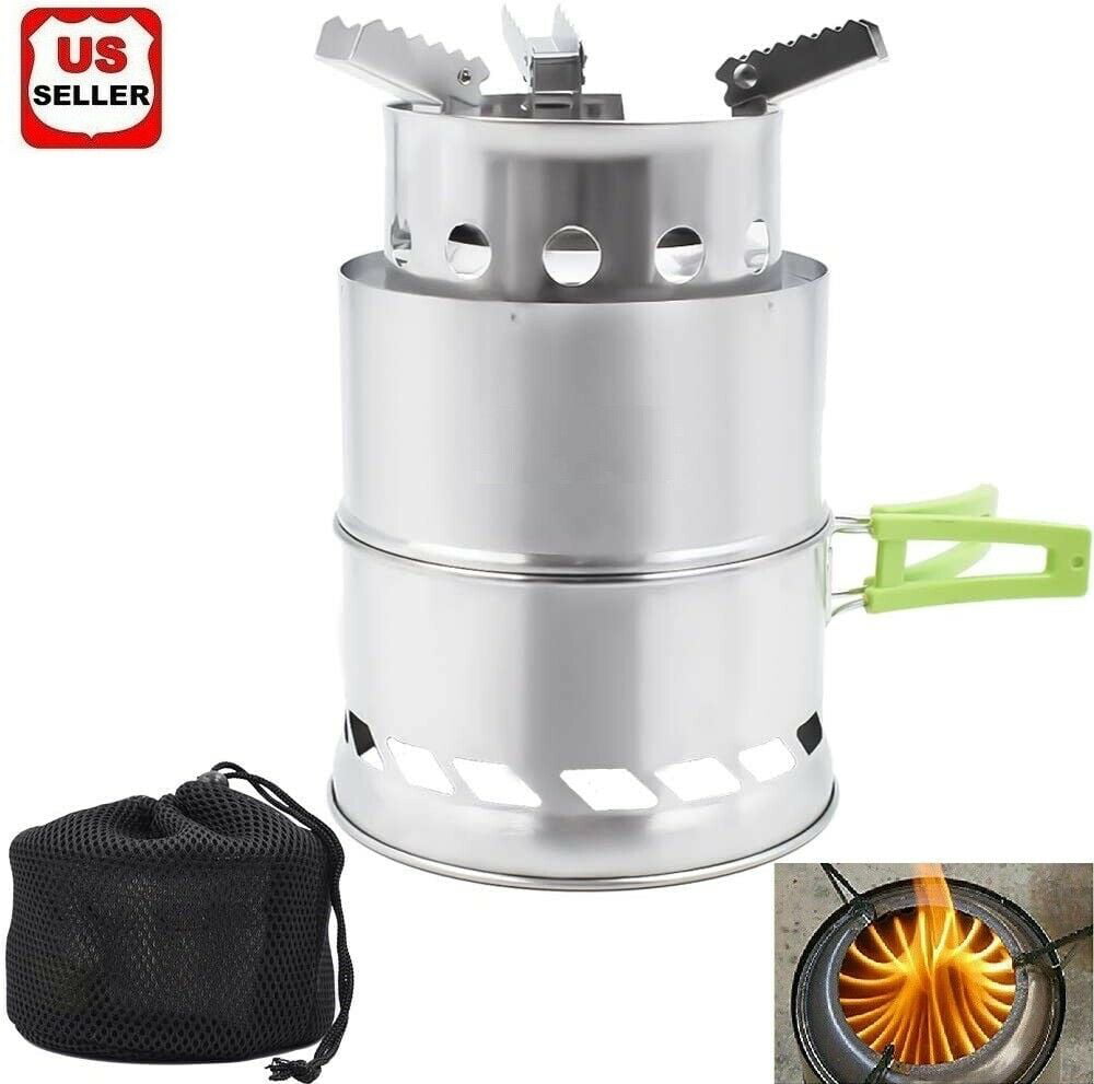 Camping Stove Camp Wood Stove Portable Foldable Stainless Steel Burning Backpacking Stove for Outdoor Hiking Picnic BBQ  With  an Folding Plastic Handle and Carrying Bag