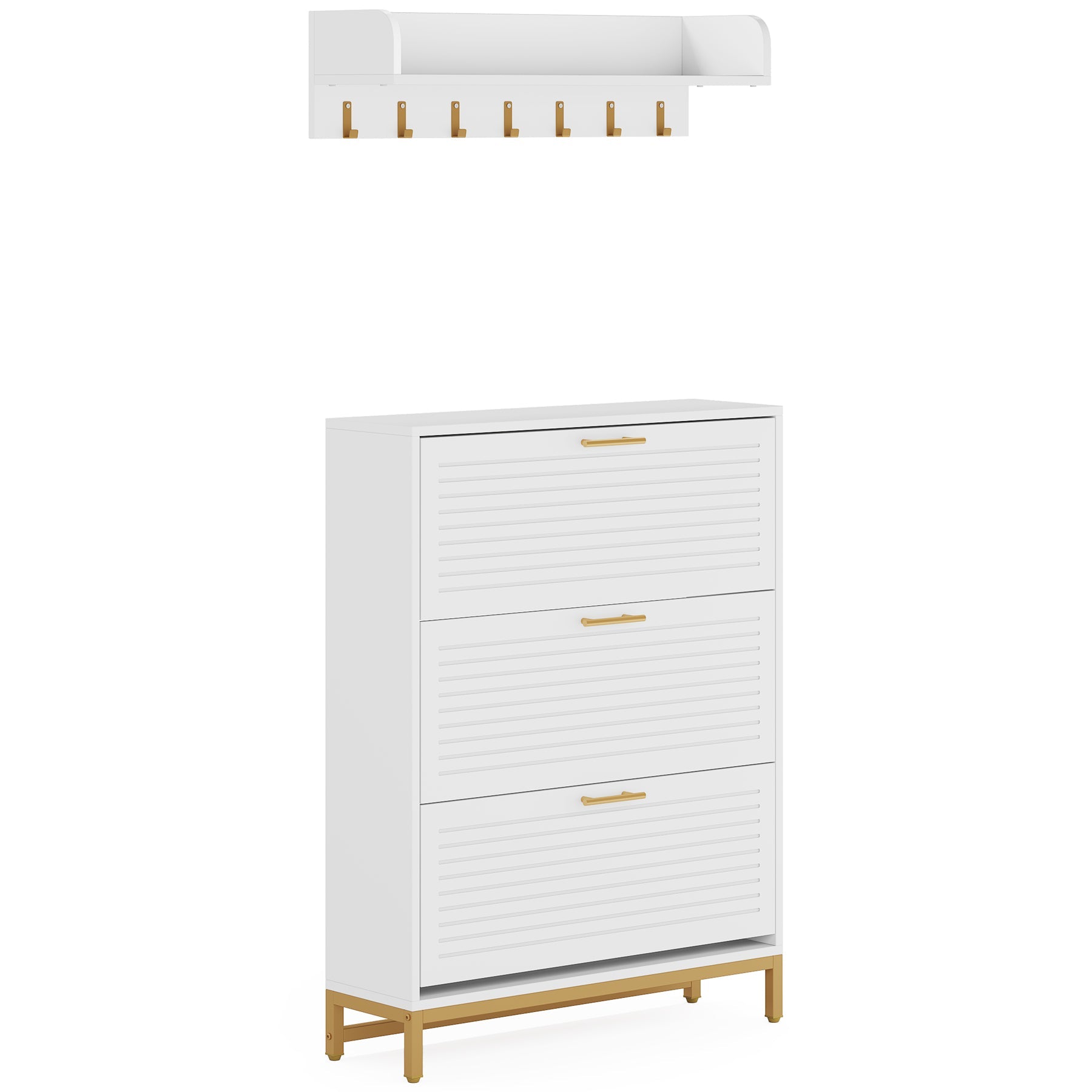 Modern Shoe Cabinet with Wall Mounted Coat Rack & Flip Drawer