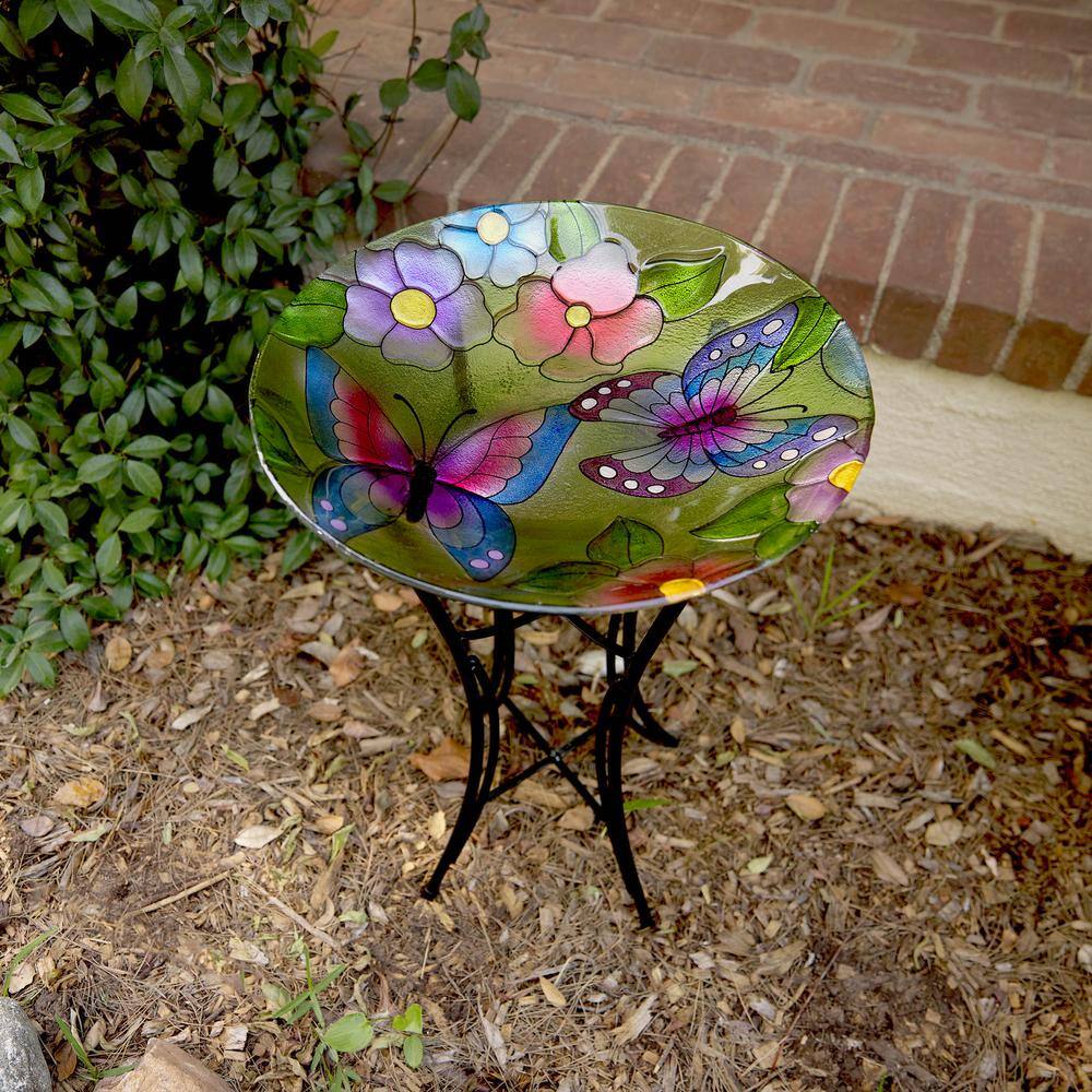 Alpine Corporation 18 in. Round Outdoor Birdbath Bowl Topper with Painted Purple Butterfly and Floral Design KPP612T-18