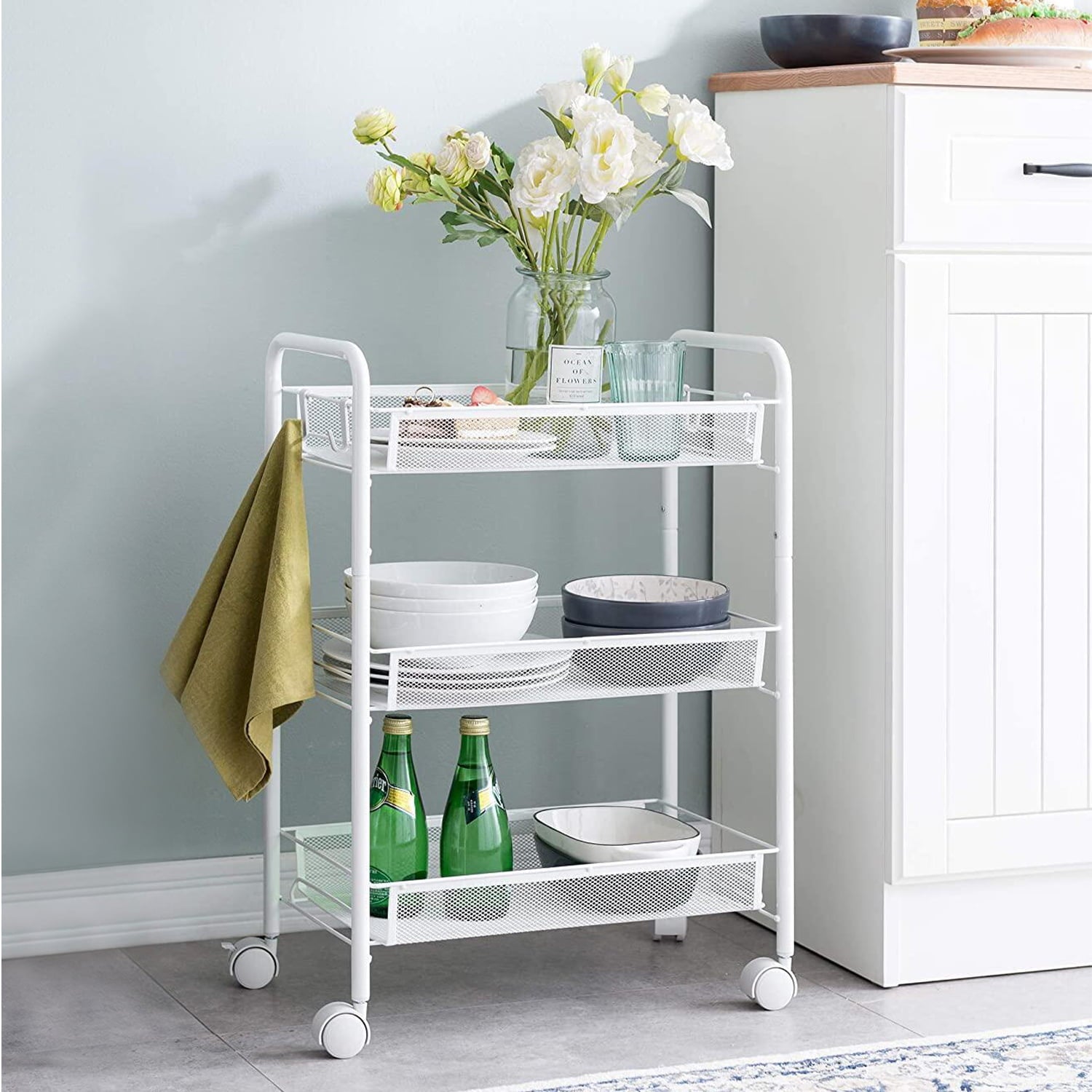 3 Tier Rolling Kitchen Storage Utility Cart on Wheels Multifunction Basket Stand Shelf for Bathroom Office， Full Metal Storage Art Trolley Craft Carts White