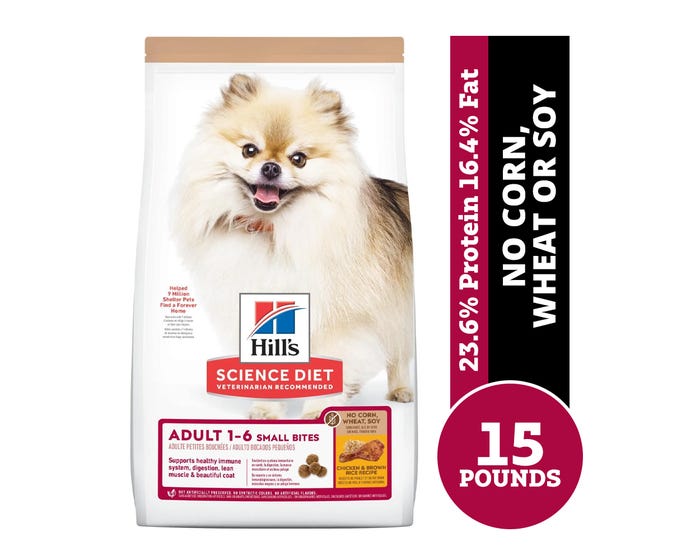 Hills Science Diet Adult Small Bites No Corn， Wheat or Soy Chicken  Brown Rice Recipe Dry Dog Food， 15 lb. Bag