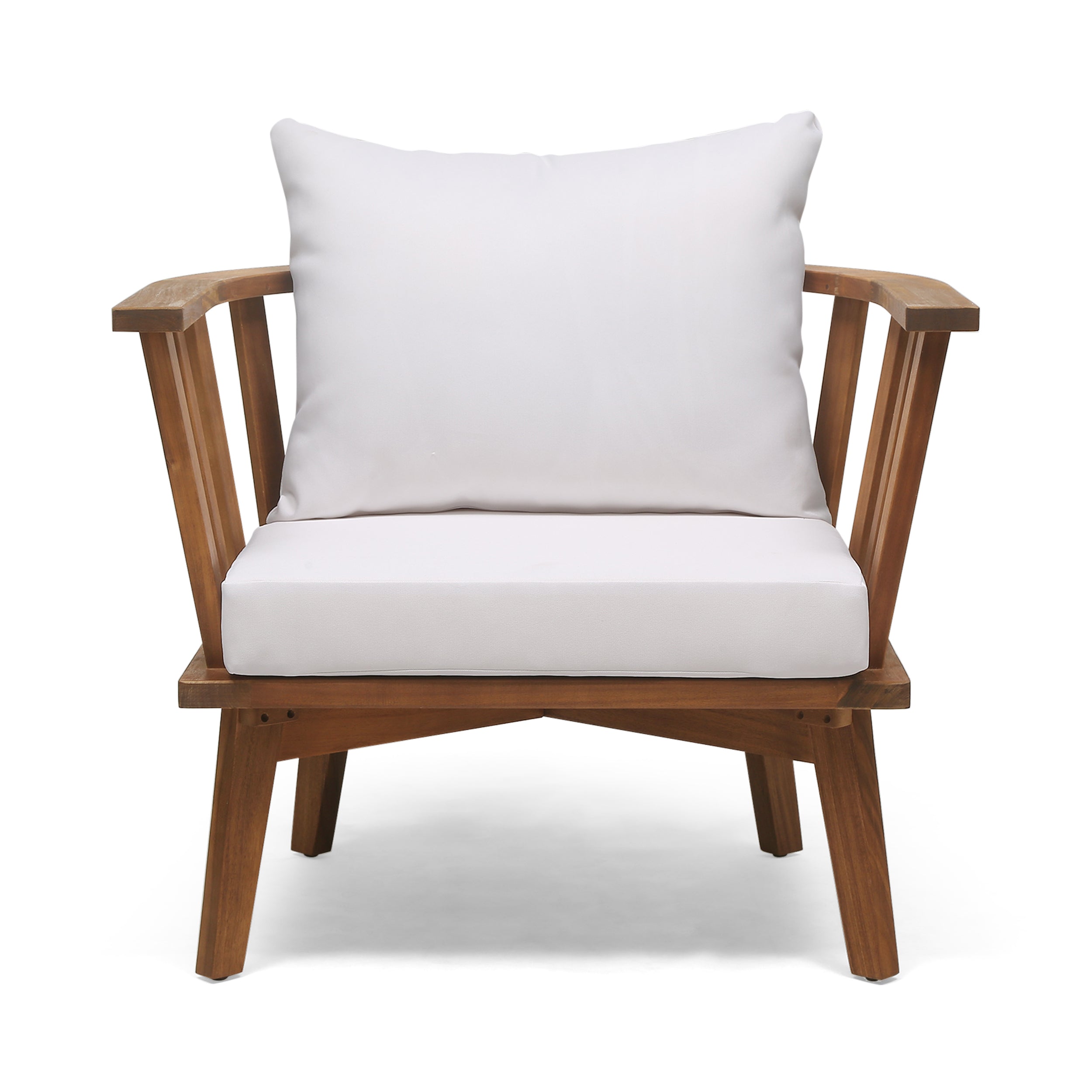 Dean Outdoor Wooden Club Chair with Cushions, White and Teak Finish