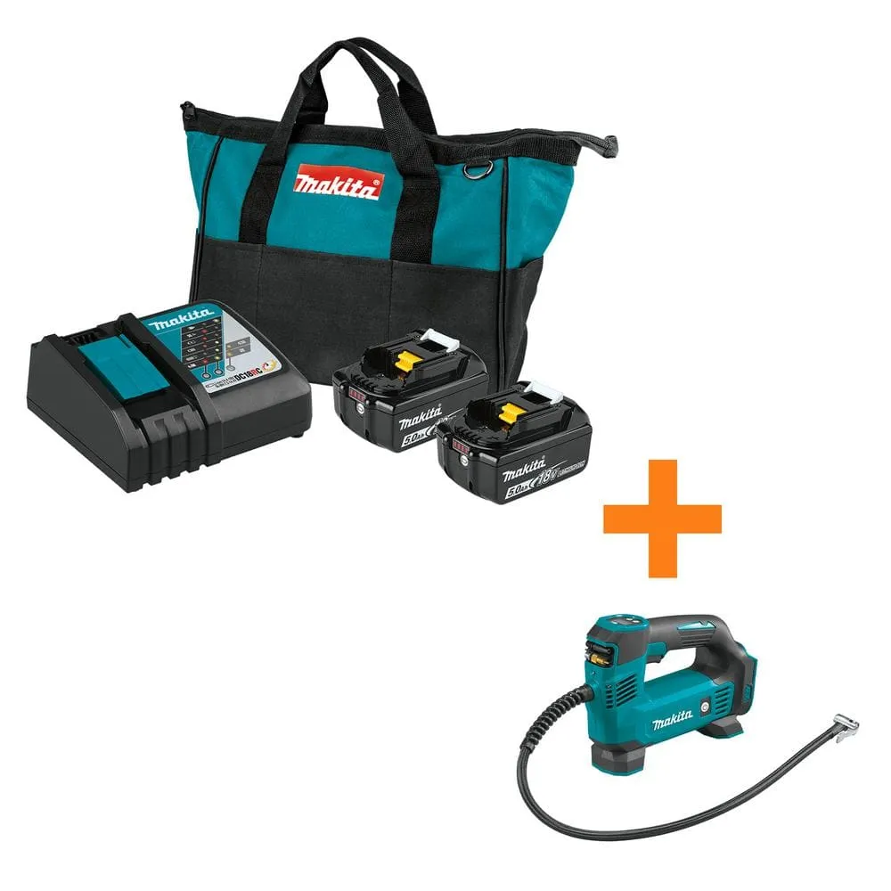Makita 18-Volt LXT Lithium-Ion Battery and Rapid Optimum Charger Starter Pack (5.0Ah) with bonus 18V LXT Inflator (Tool-Only) BL1850BDC2DMP18