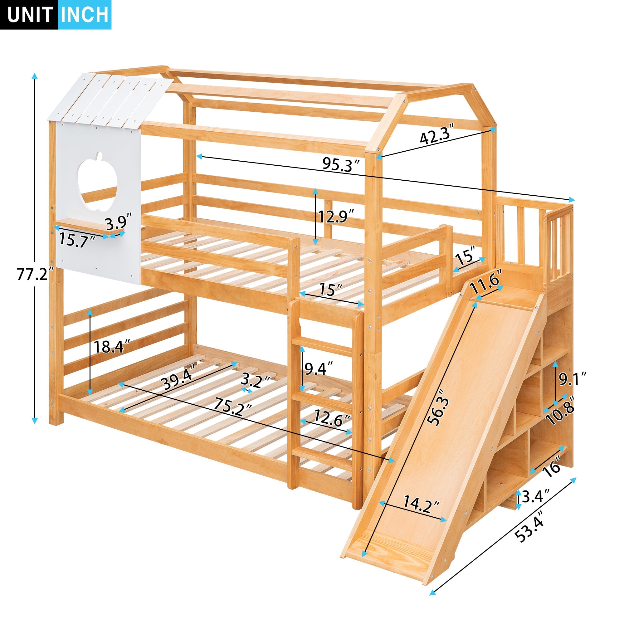 Twin Size House Bunk Bed with Slide and Shelf for Kids Bedroom, Natural